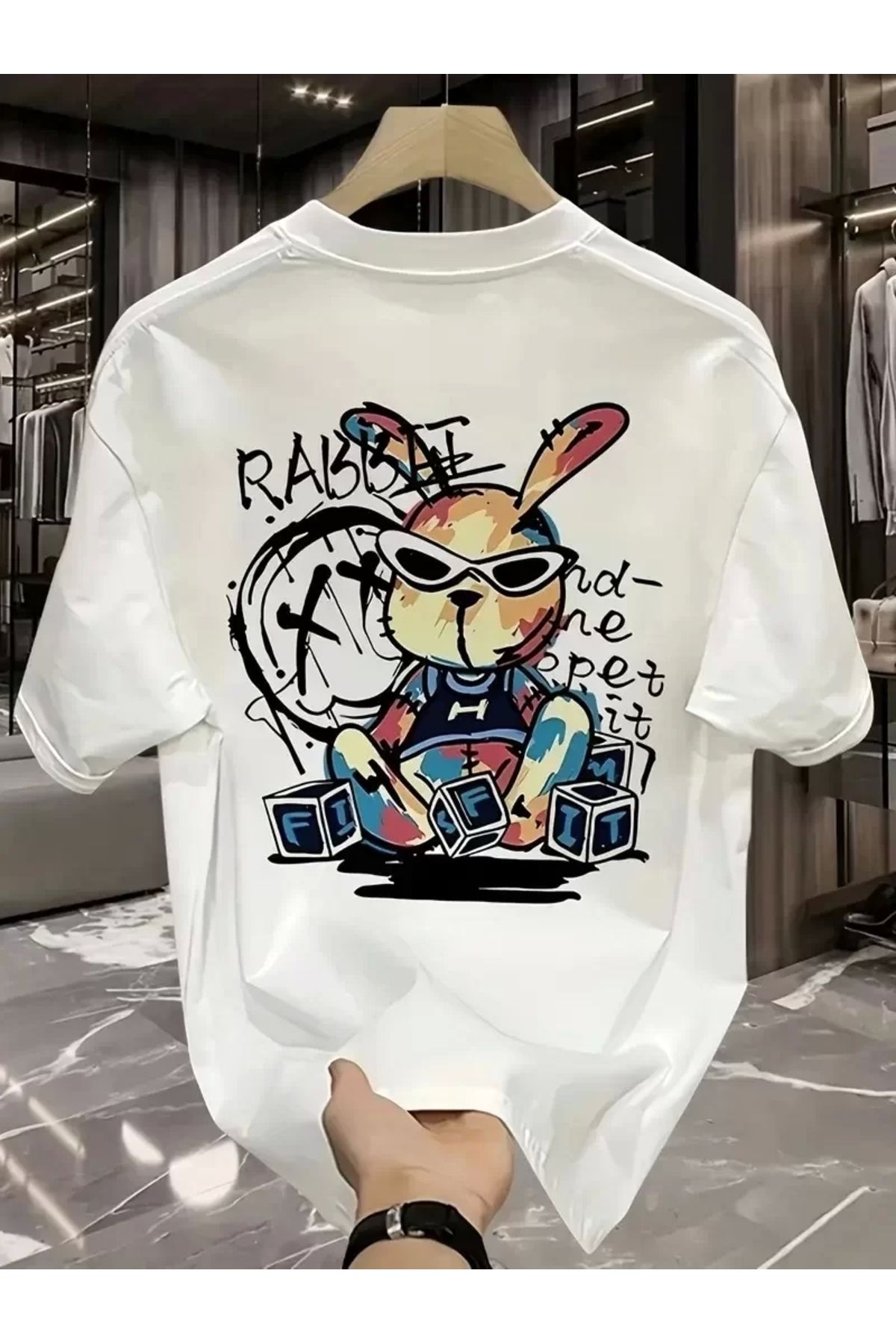 AE Stil Güneş Gözlüğü Grafikli Karikatür Tavşan Oversize Kısa Kollu Tişört Çift Tişört, İlkbahar Ve Yaz - Be