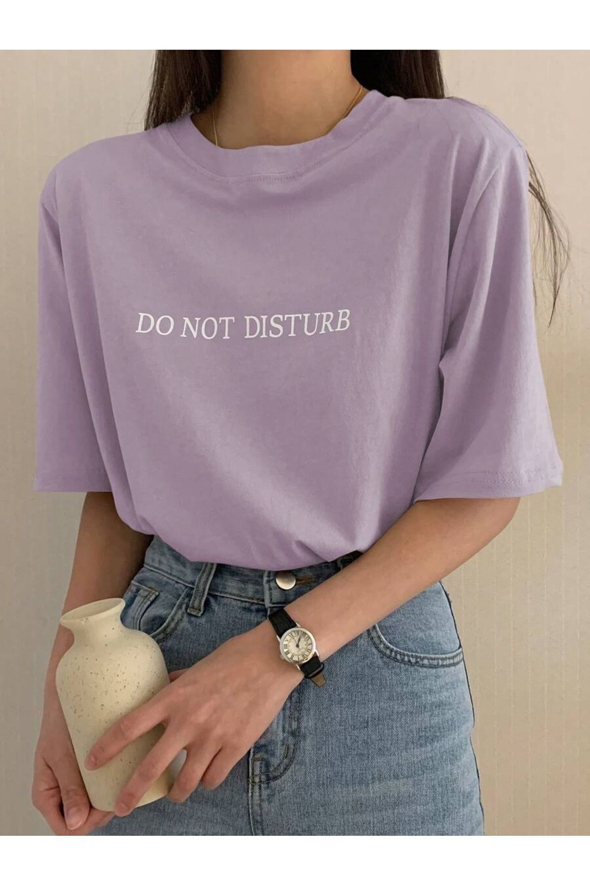 PALPİTO Kadın Lila Do Not Disturb Baskılı Oversize T-Shirt