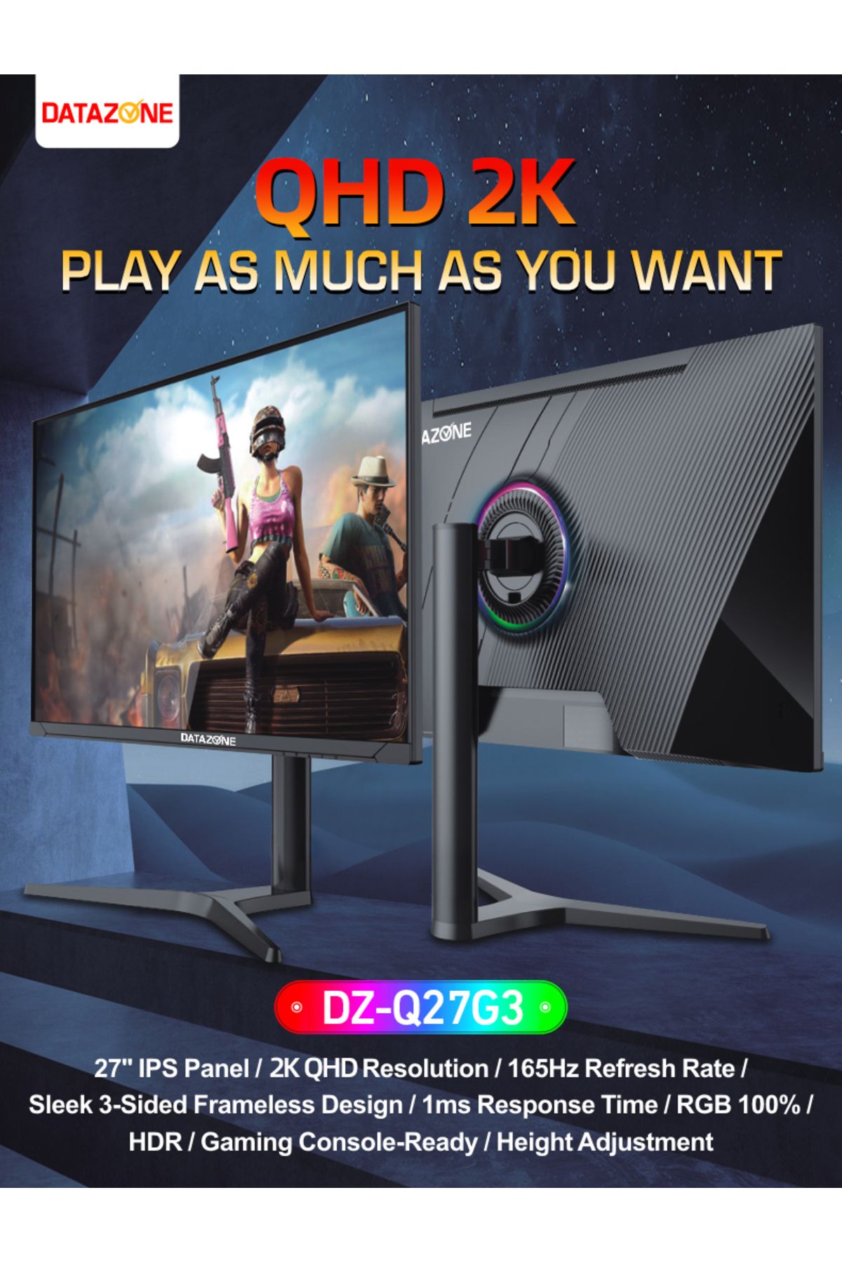 Datazone-27" 2K IPS Gaming Monitor, 165Hz, 1ms, FreeSync, HDR, RGB Backlight, 96% sRGB, Vertical Rotate 6