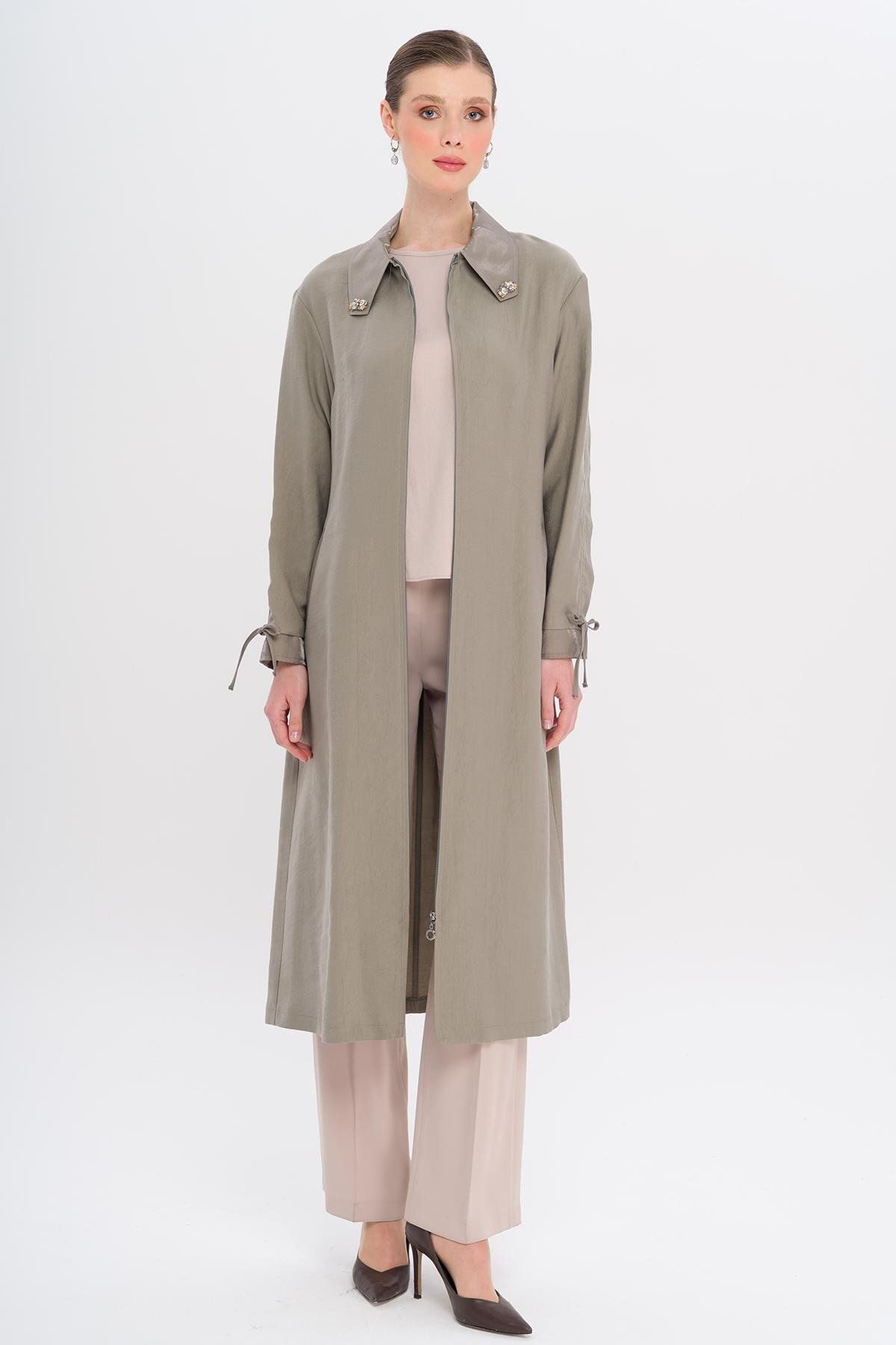 Olcay-Unlined Modal Cap with Beaded Collar and Drawstring Detail Gray 6751 3