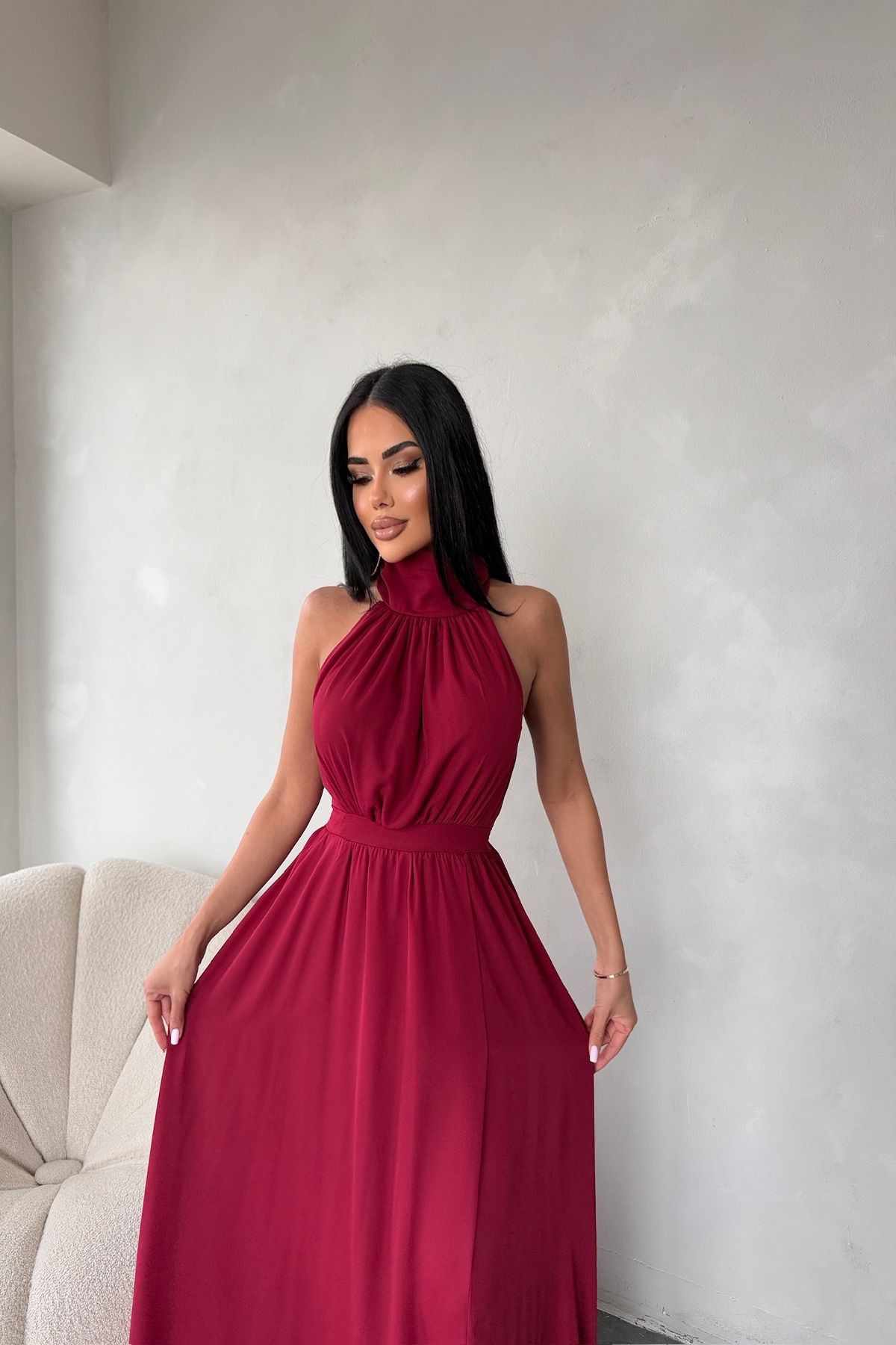 kamacibutik Halter Yaka Sıfır Kol Şifon Elbise