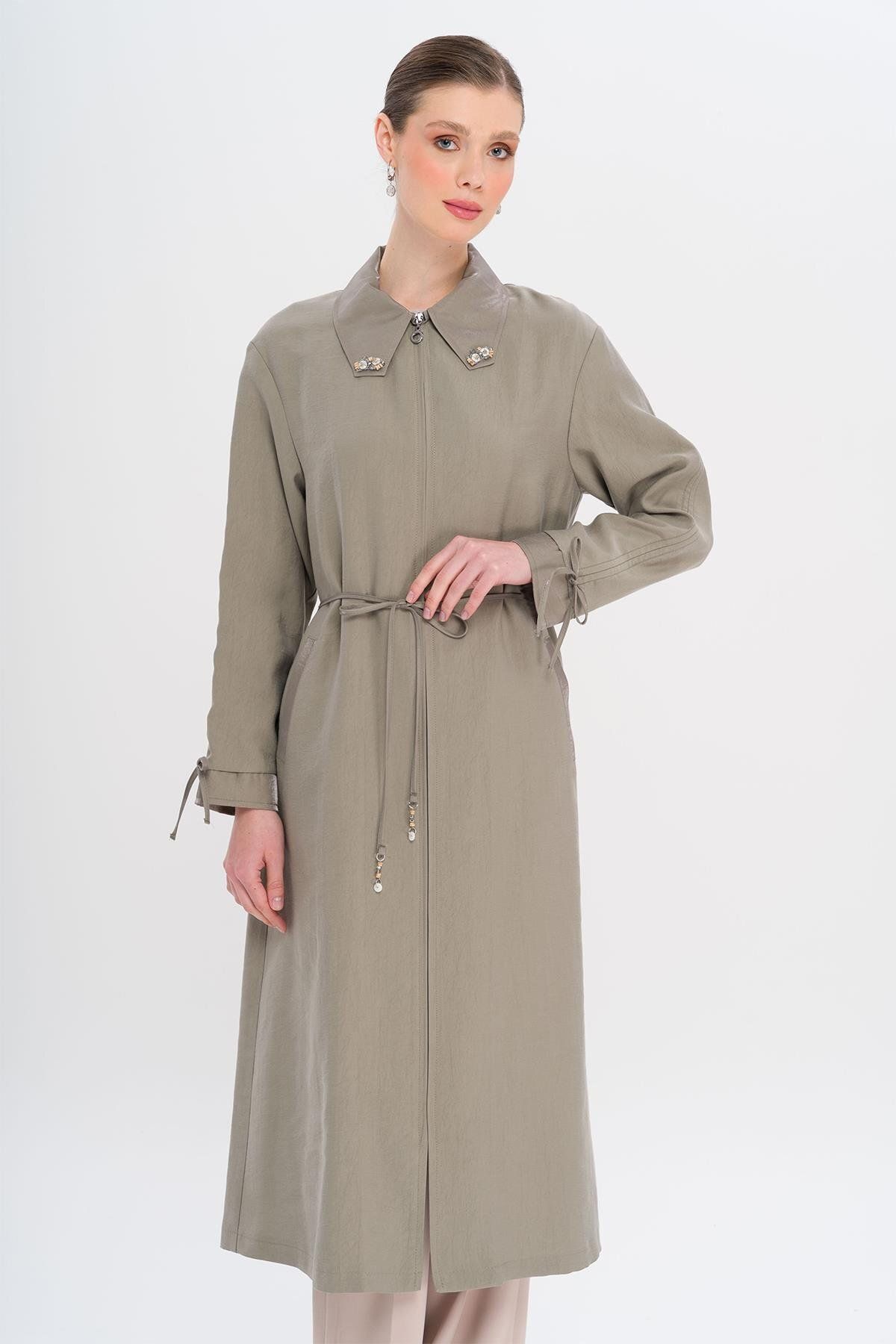 Olcay-Unlined Modal Cap with Beaded Collar and Drawstring Detail Gray 6751 4