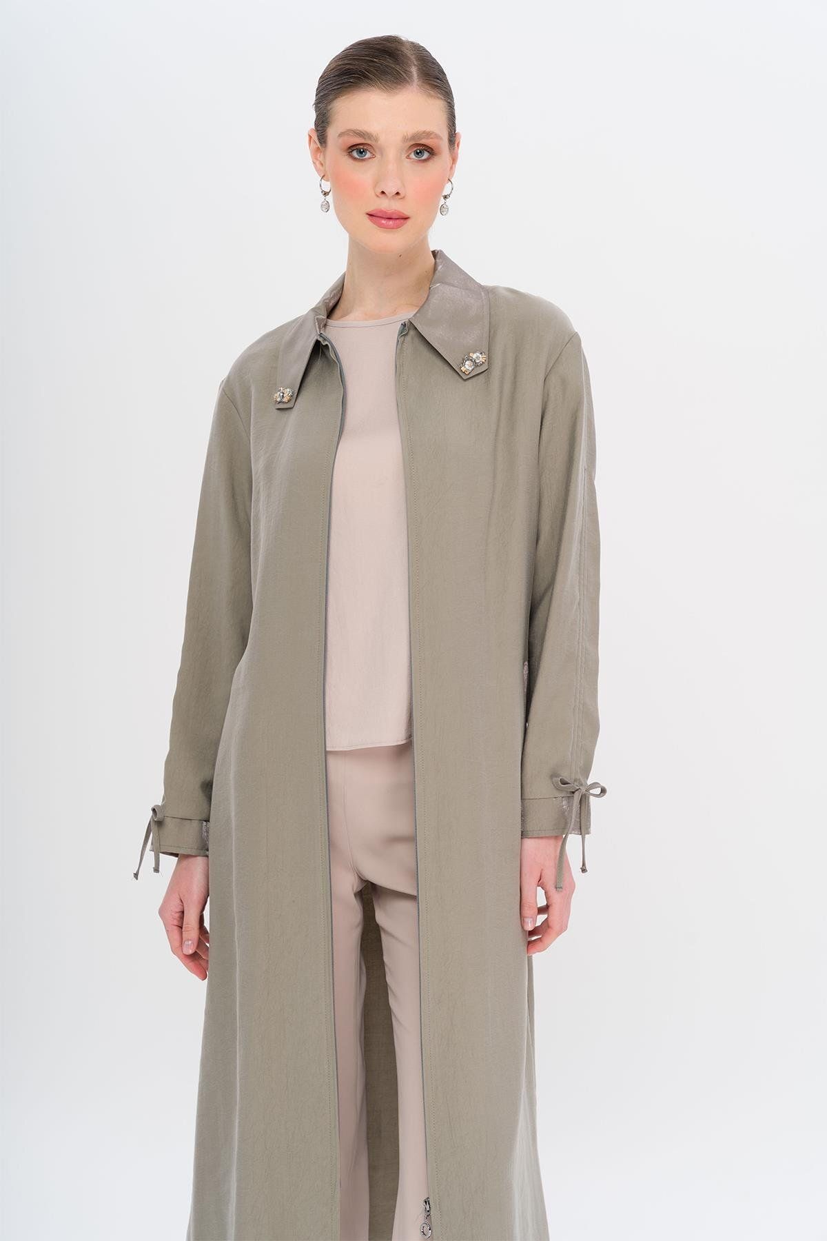Olcay-Unlined Modal Cap with Beaded Collar and Drawstring Detail Gray 6751 5