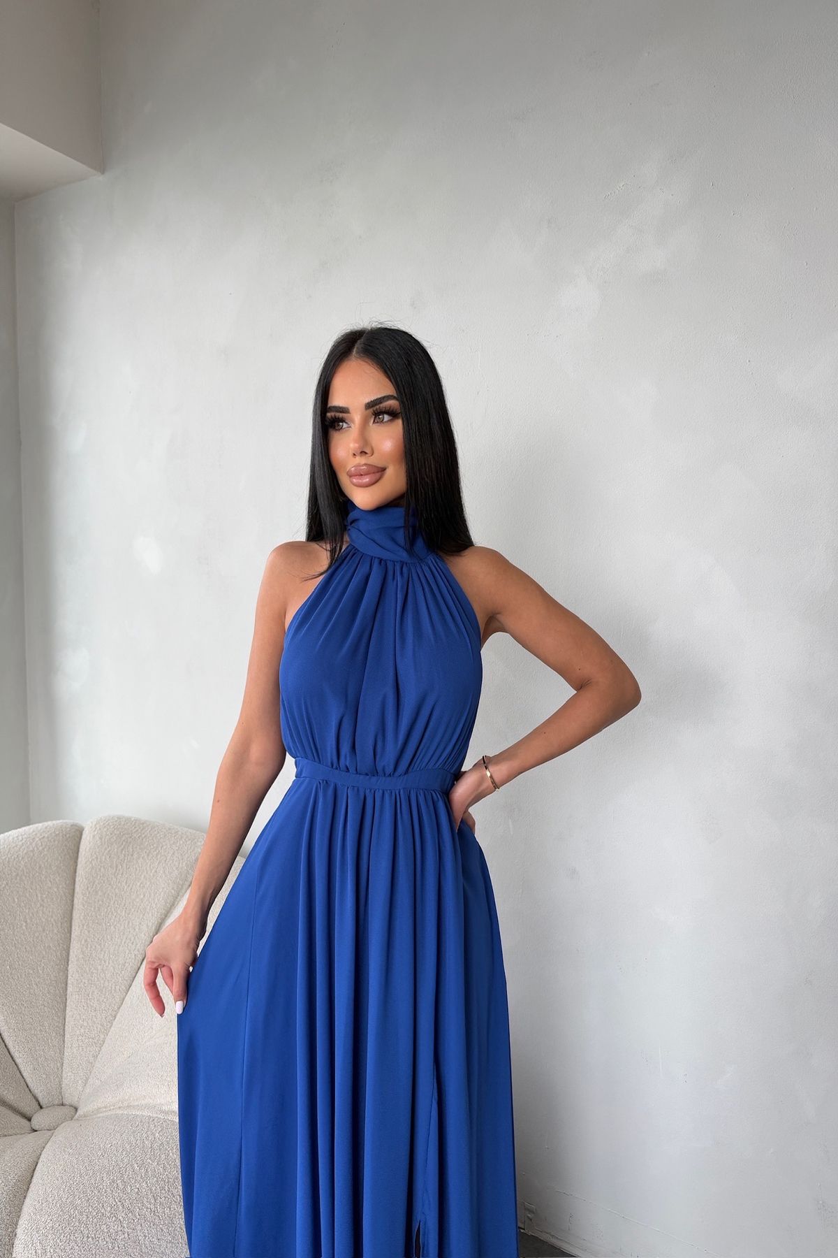 kamacibutik Halter Yaka Sıfır Kol Şifon Elbise