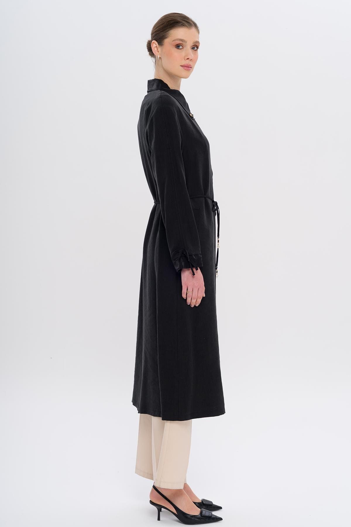 Olcay-Unlined Modal Cap with Beaded Collar and Drawstring Detail Black 6751 6