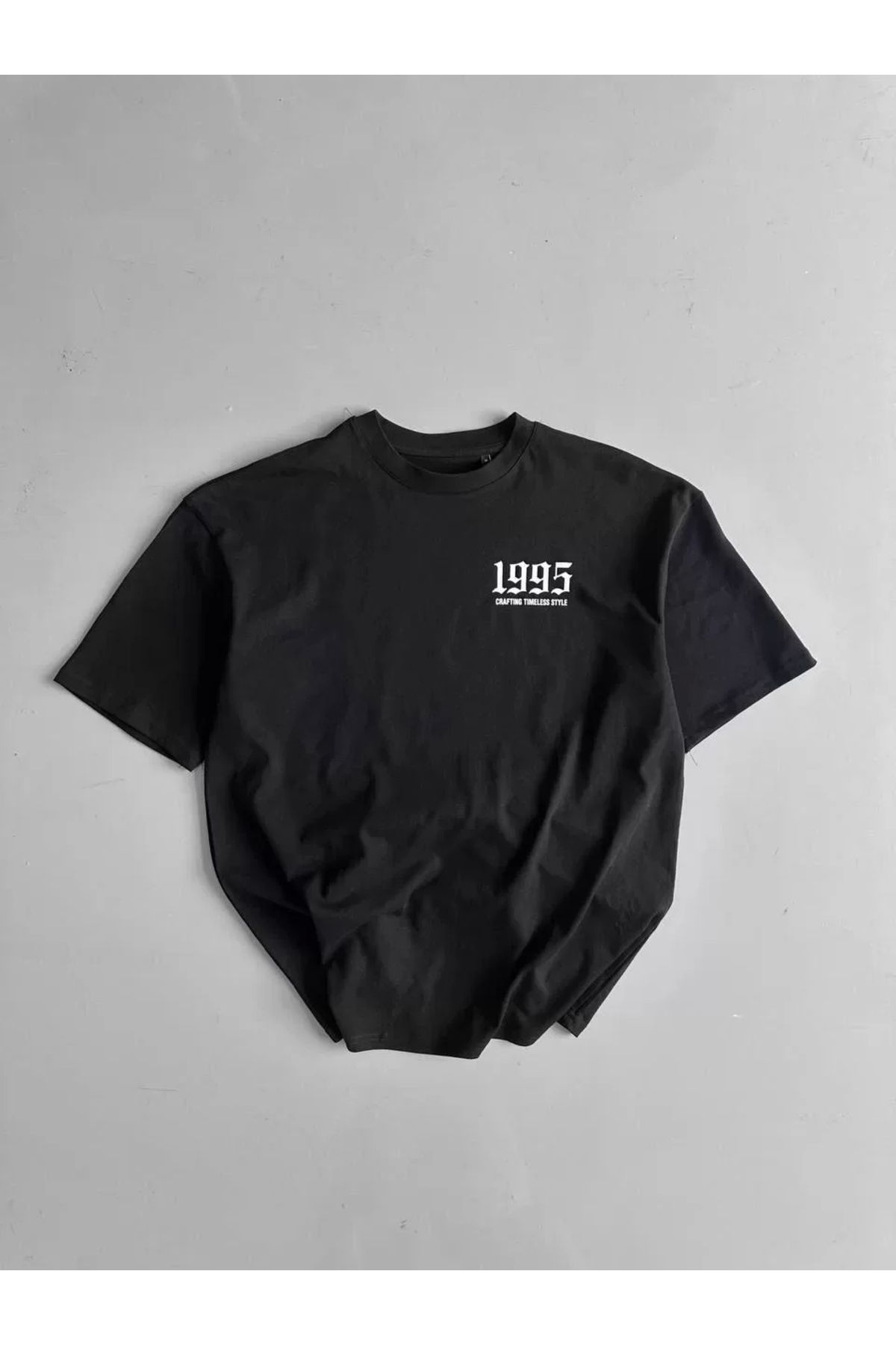 AE Stil 20/1 Penye Compack Baskılı Oversize Bisiklet Yaka Kısa Kol Yazlık T-shirt - Siyah