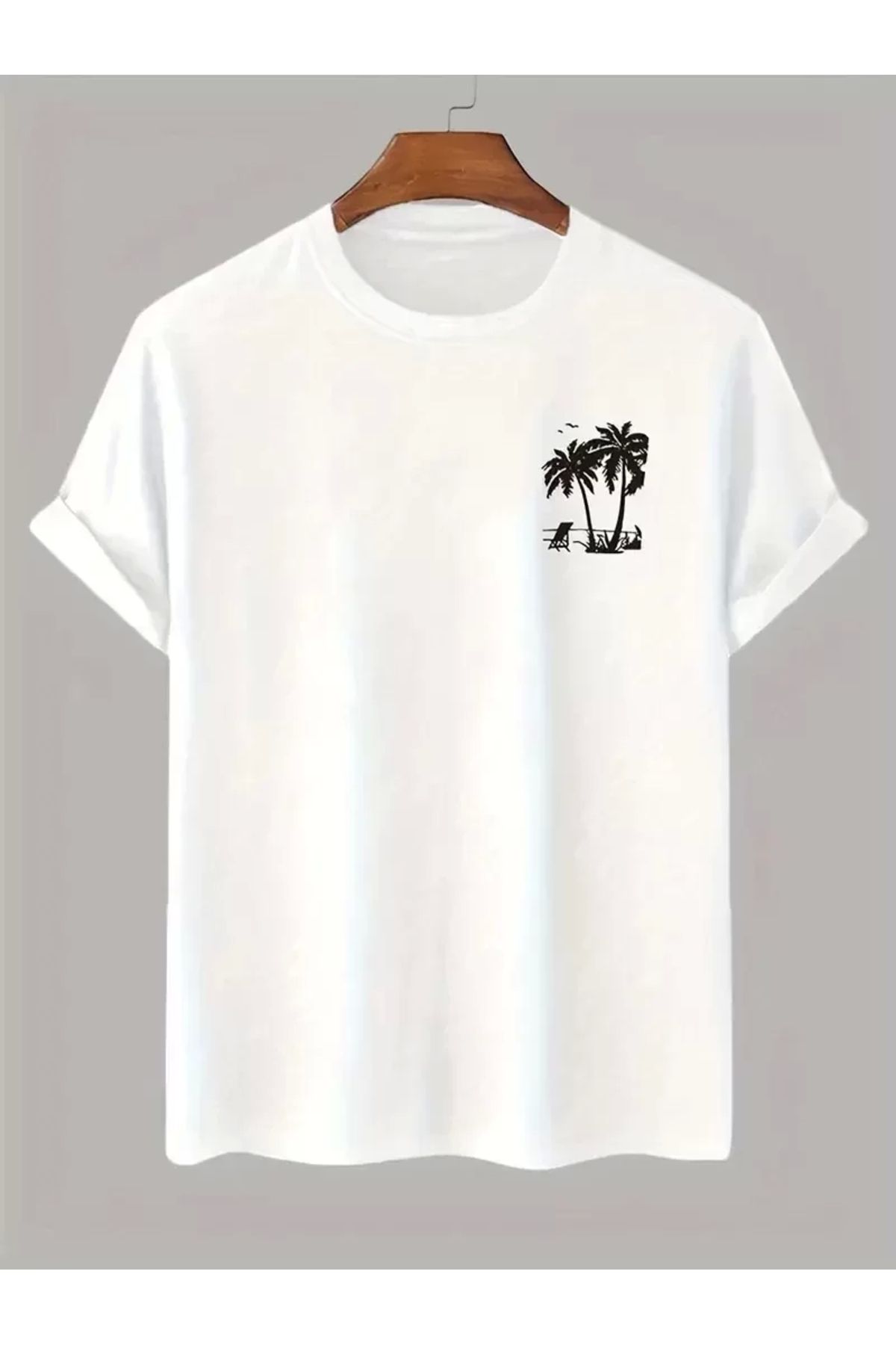 AE Stil 20/1 Penye Compack Palmiye Ön Baskılı Oversize Bisiklet Yaka Kısa Kol Yazlık T-shirt - Beyaz