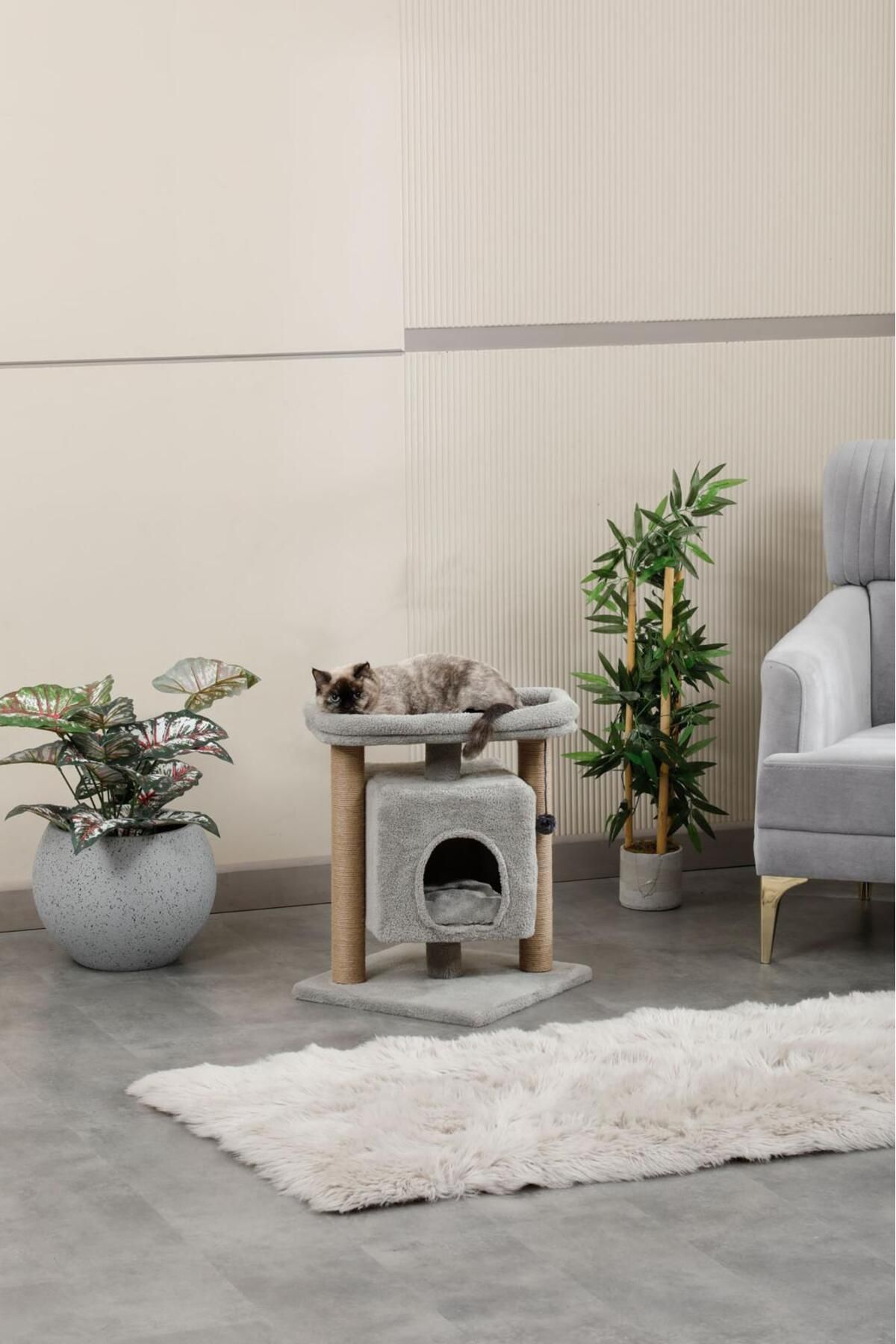 Pati Store Kedi Evi, Yataklı Kedi Evi, Kedi Tırmalama - Oslo Gri