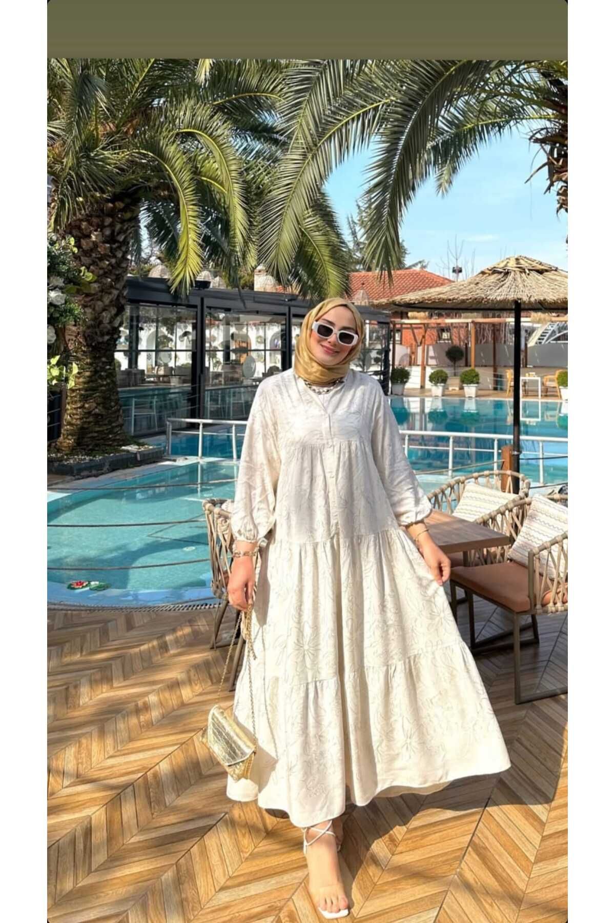 QUAWEAR V Yaka Nakışlı Keten Kumaş Tam Boy Elbise