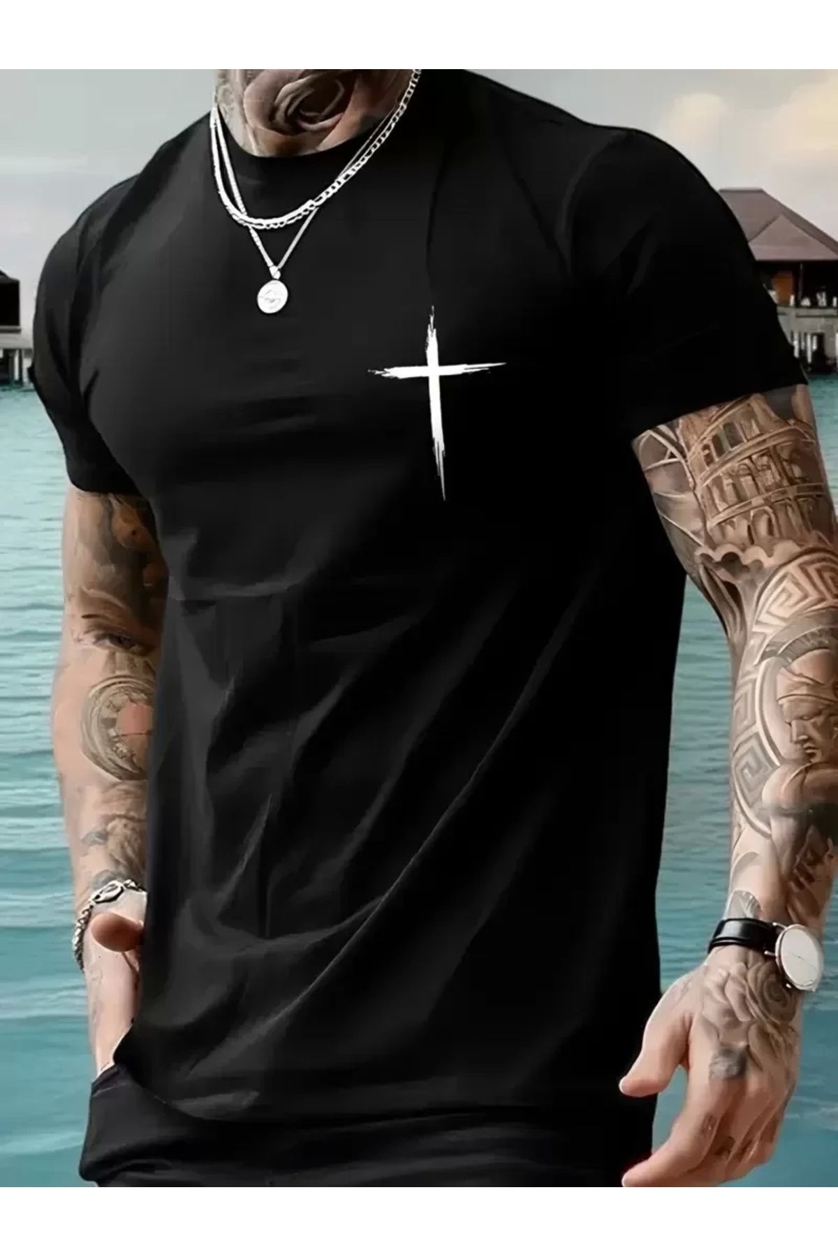 AE Stil 20/1 Penye Compack Baskılı Oversize Bisiklet Yaka Kısa Kol T-shirt - Siyah