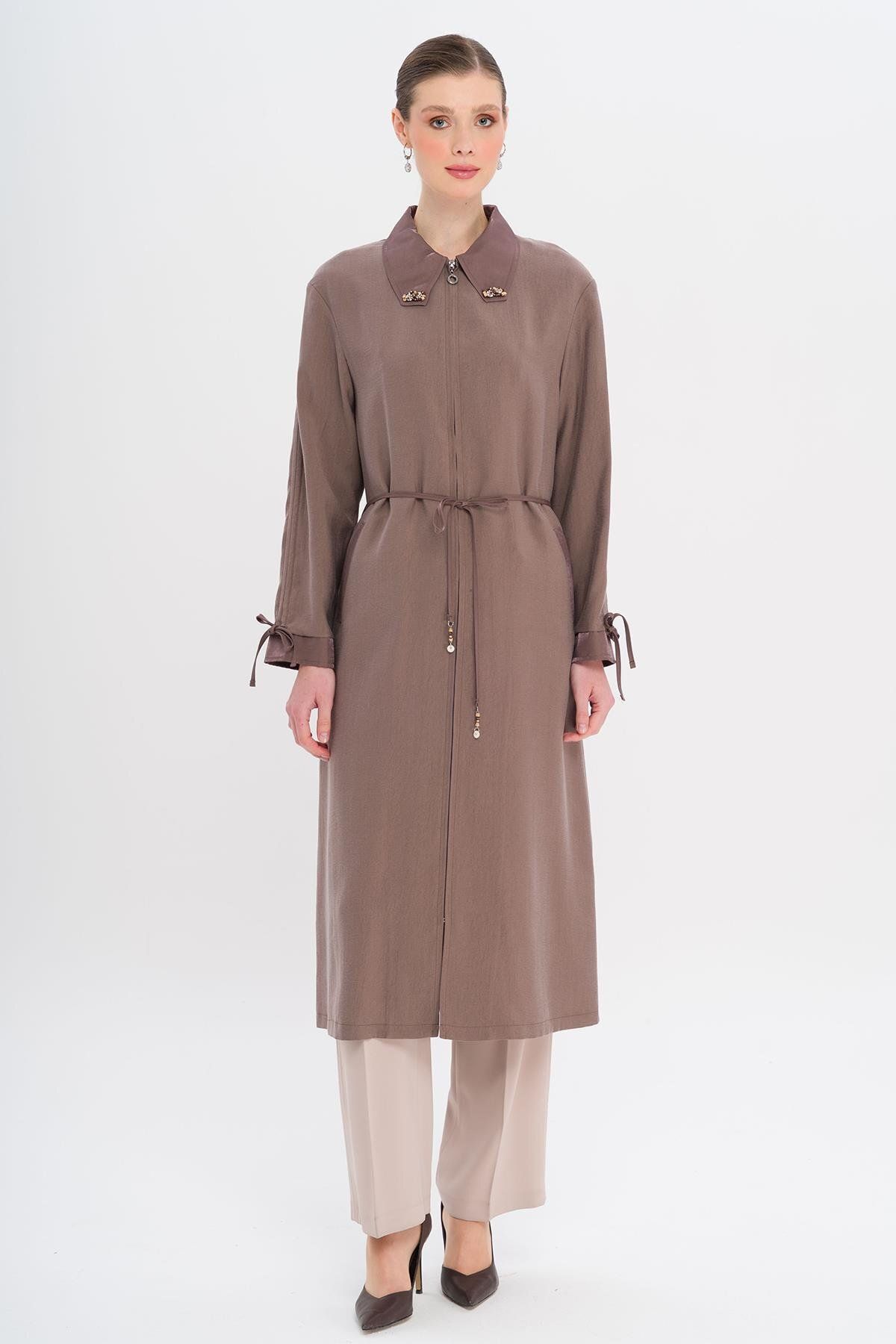Olcay-Unlined Modal Cap with Beaded Collar and Drawstring Detail Brown 6751 1