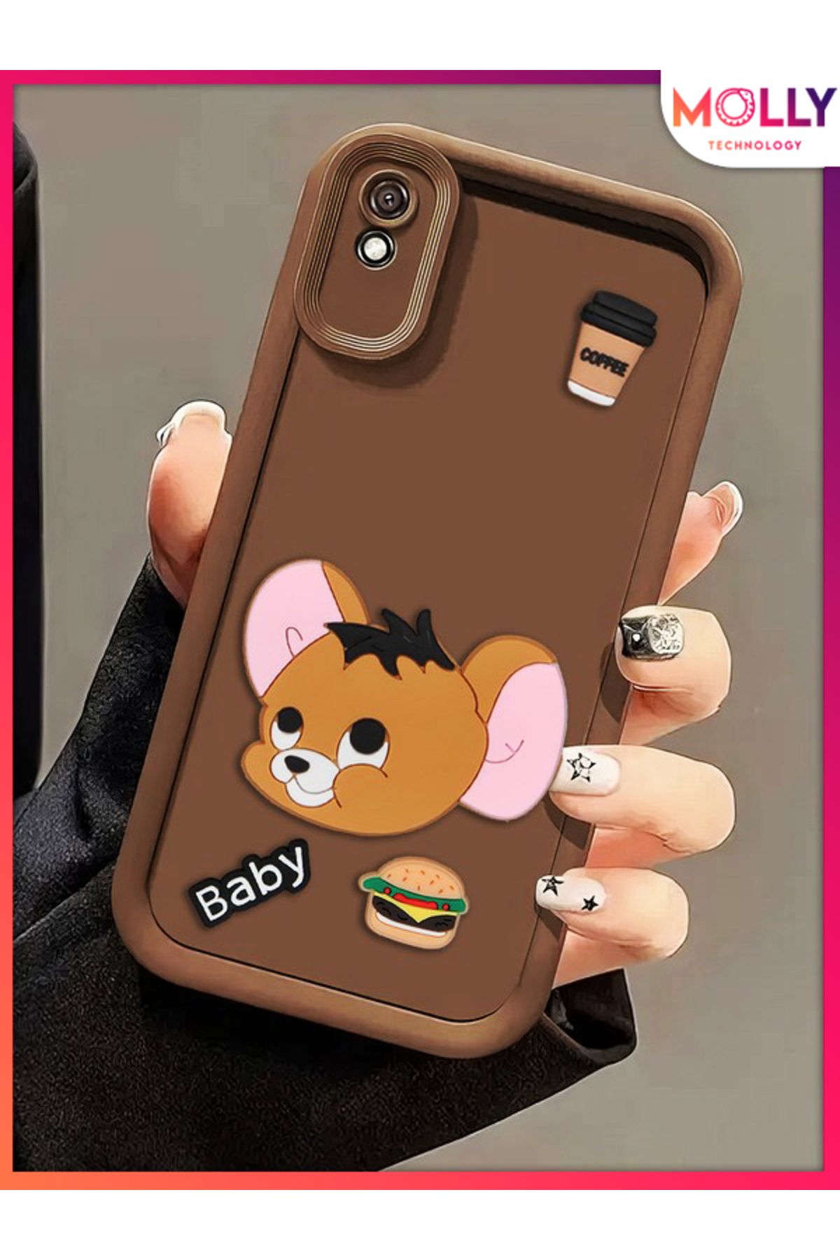 Molly Xiaomi Redmi 9A İçin Fallow Brown Kenarları Kalın 3d Kabartmalı Baby Jerry Silikon Kılıf