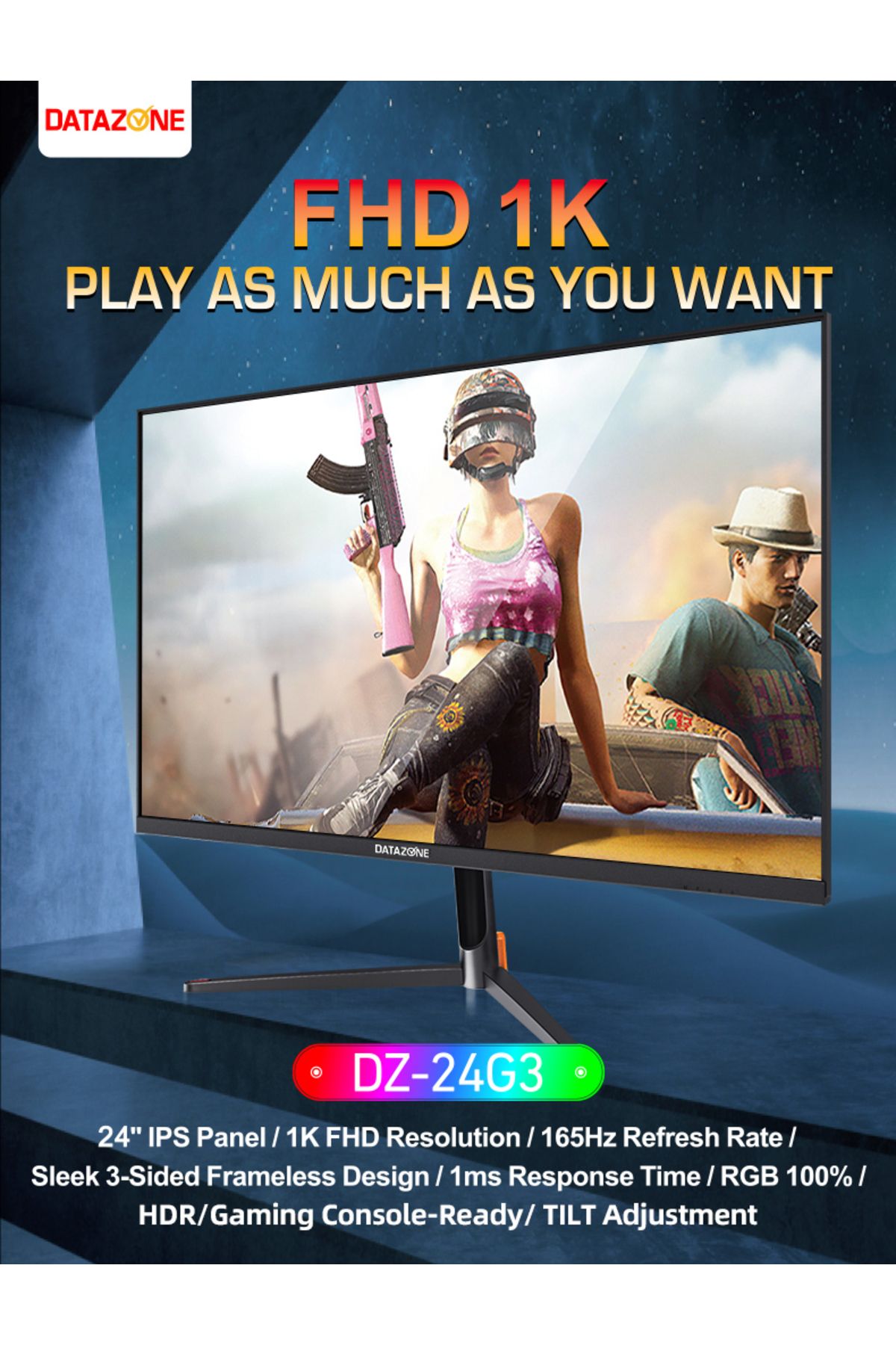 Datazone-24" Gaming PS5 Monitor, FHD IPS, 1ms 165Hz, G-Sync/FreeSync, HDR, HDMI/DP/USB, Speakers, Black 4