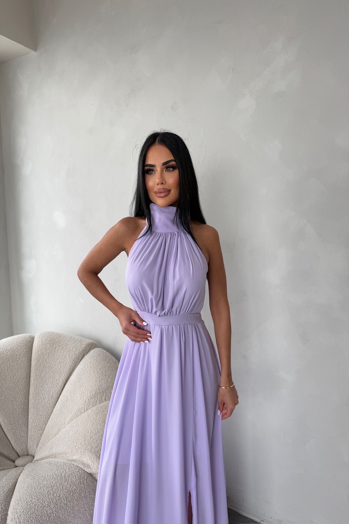kamacibutik Halter Yaka Sıfır Kol Şifon Elbise