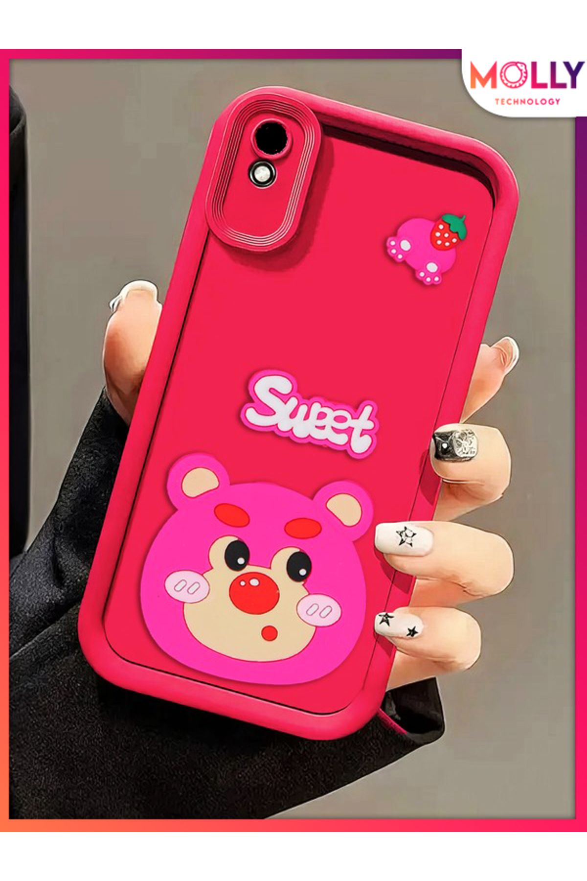 Molly Xiaomi Redmi 9A İçin Magenta Kenarları Kalın 3d Kabartmalı Çilek Ayı Silikon Kılıf