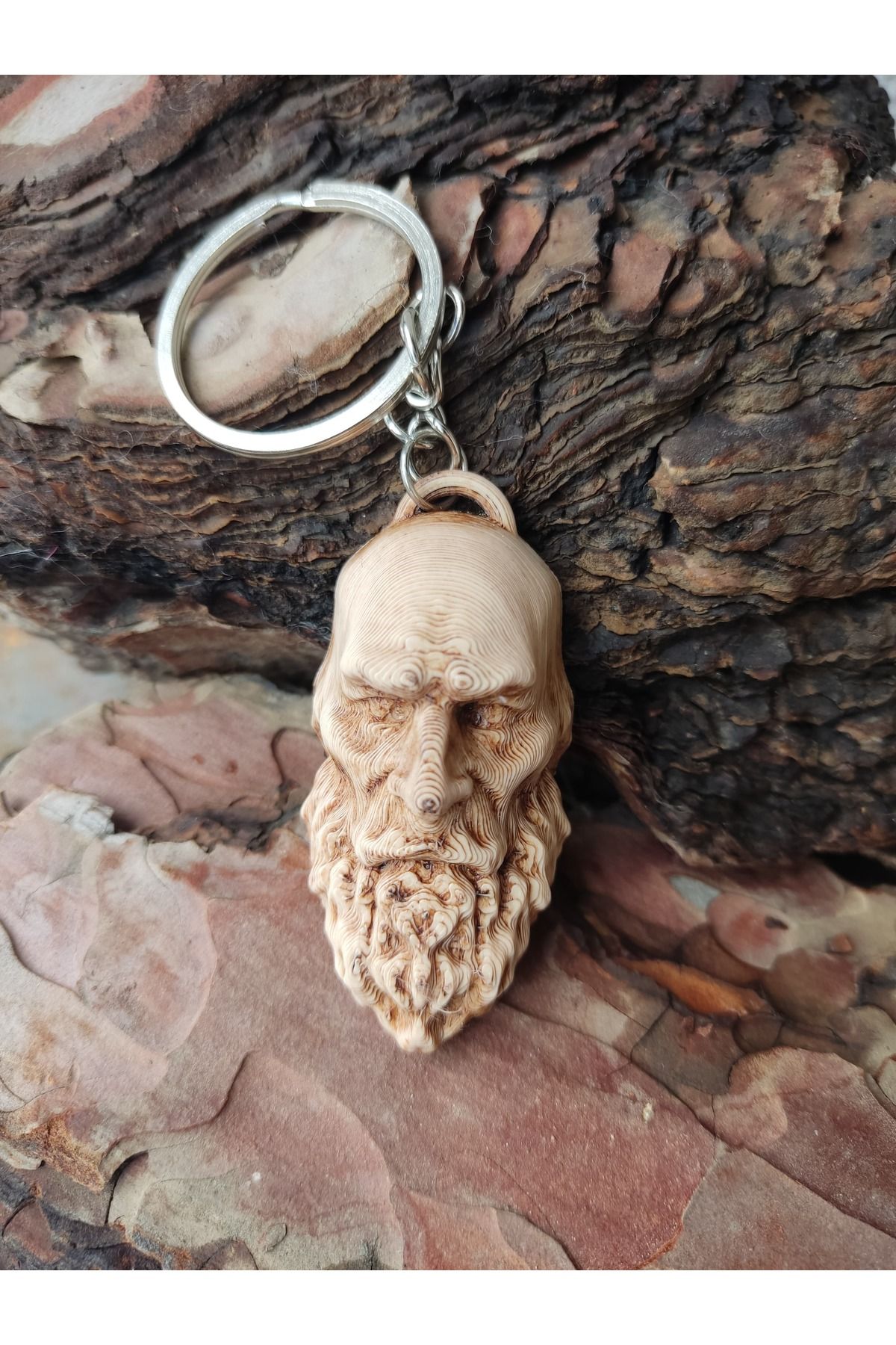 Leylims Antik Filozof Kafası Anahtarlık – Retro Sakallı Figür, El Yapımı 3D Hediyelik