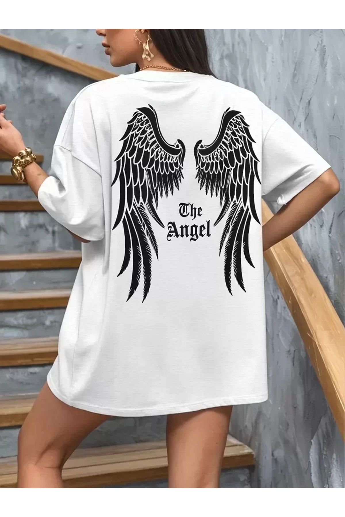 AE Stil 20/1 Penye Compack Dark Angel Baskılı Oversize Kısa Kol Yazlık T-shirt- Beyaz