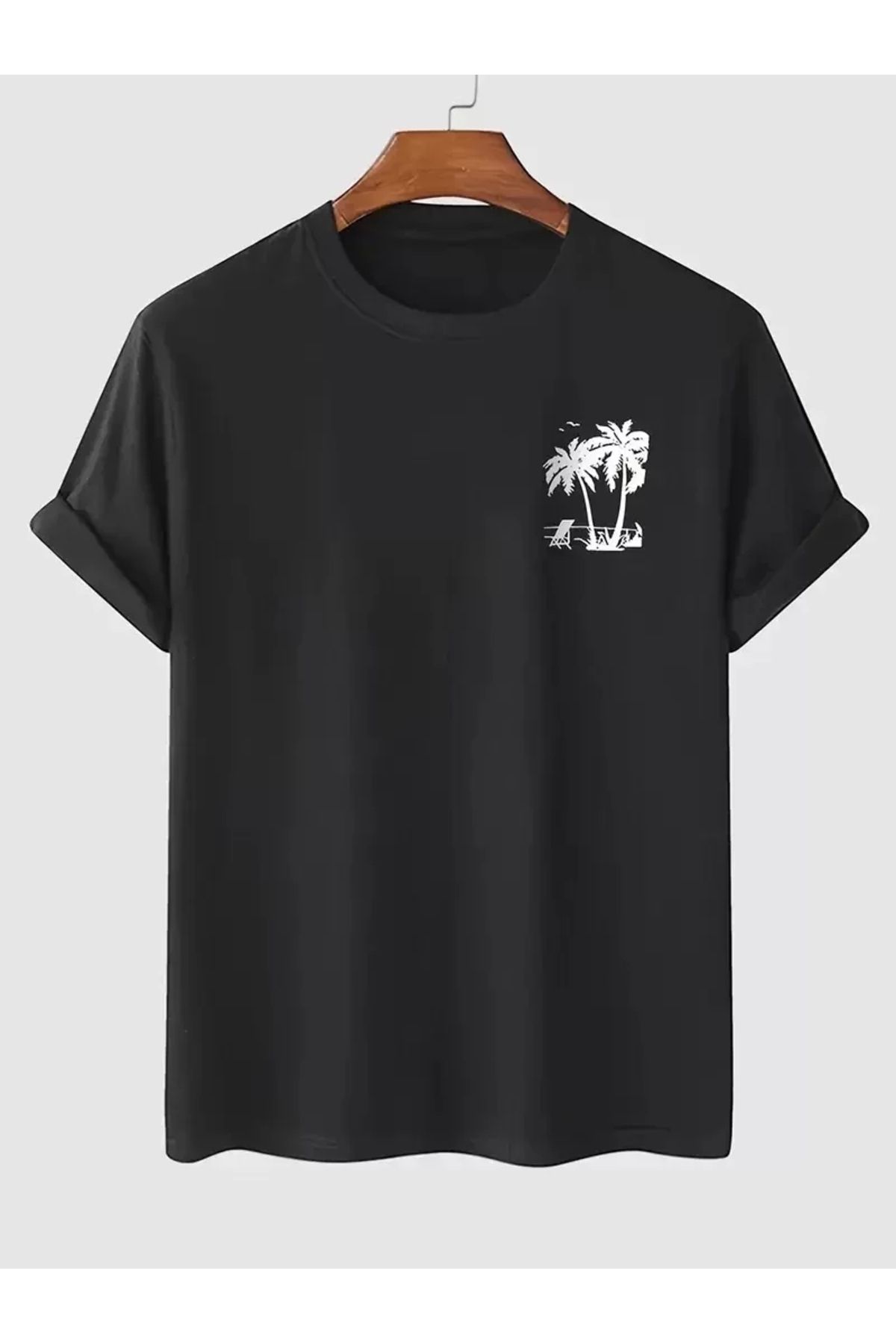 AE Stil 20/1 Penye Compack Palmiye Ön Baskılı Oversize Bisiklet Yaka Kısa Kol Yazlık T-shirt - Siyah