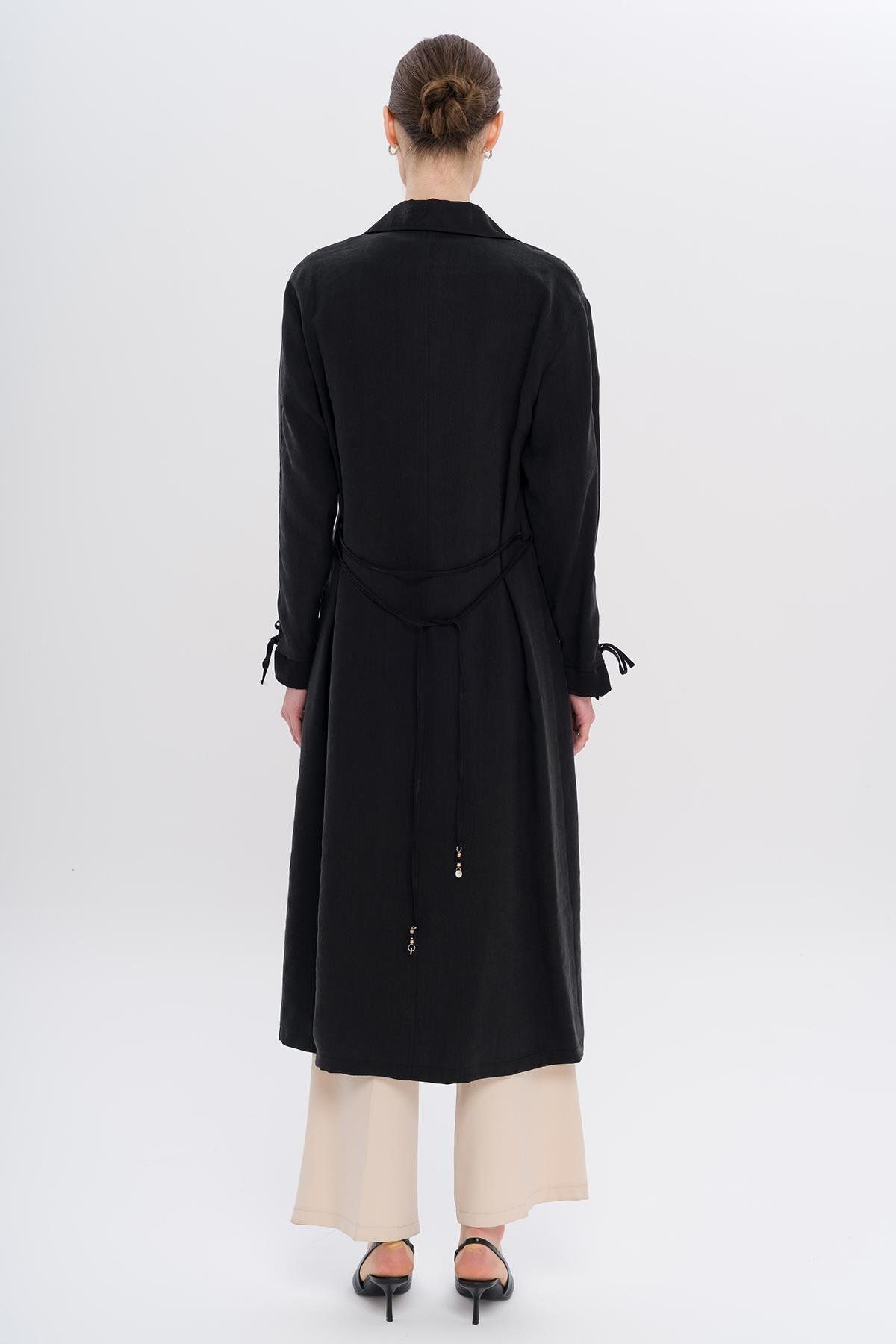 Olcay-Unlined Modal Cap with Beaded Collar and Drawstring Detail Black 6751 7