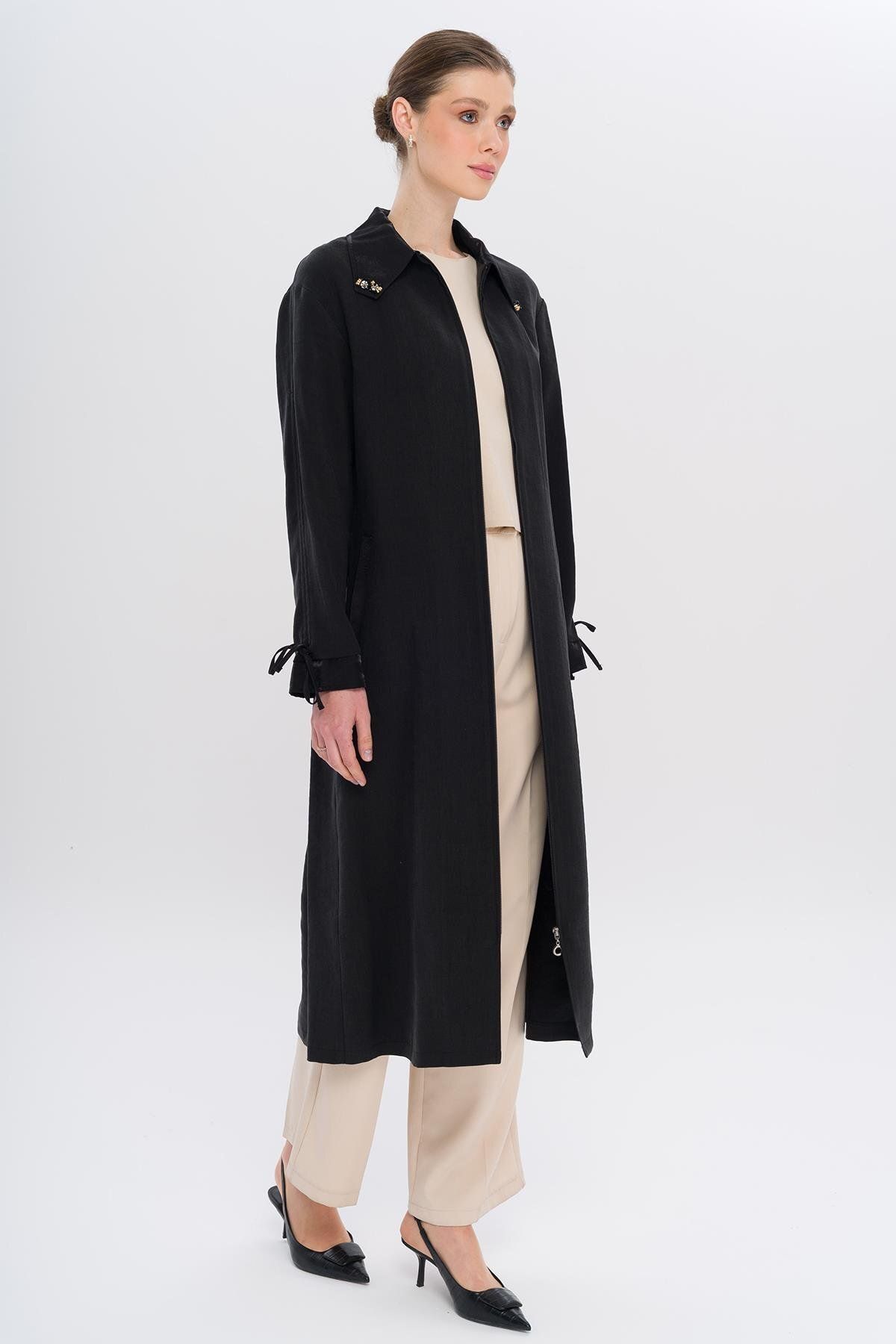 Olcay-Unlined Modal Cap with Beaded Collar and Drawstring Detail Black 6751 4