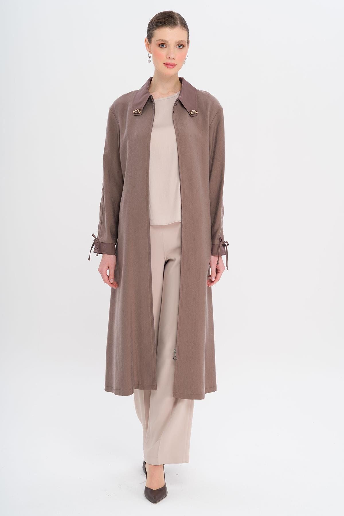 Olcay-Unlined Modal Cap with Beaded Collar and Drawstring Detail Brown 6751 3