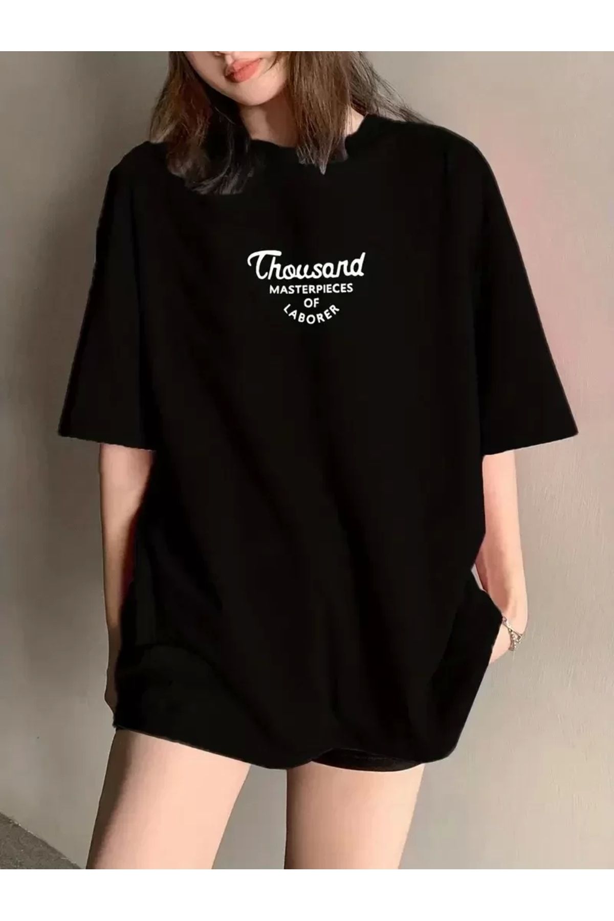 AE Stil Thousand Ön Arka Baskılı Oversize Bisiklet Yaka T-shirt - Siyah
