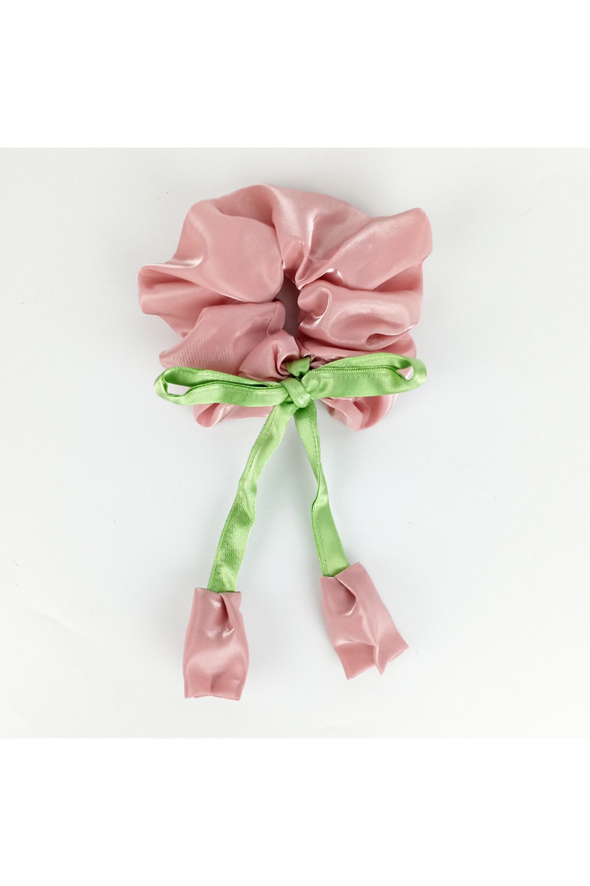 woodycord El Yapımı Pembe-Yeşil Lale Model Scrunchie Toka