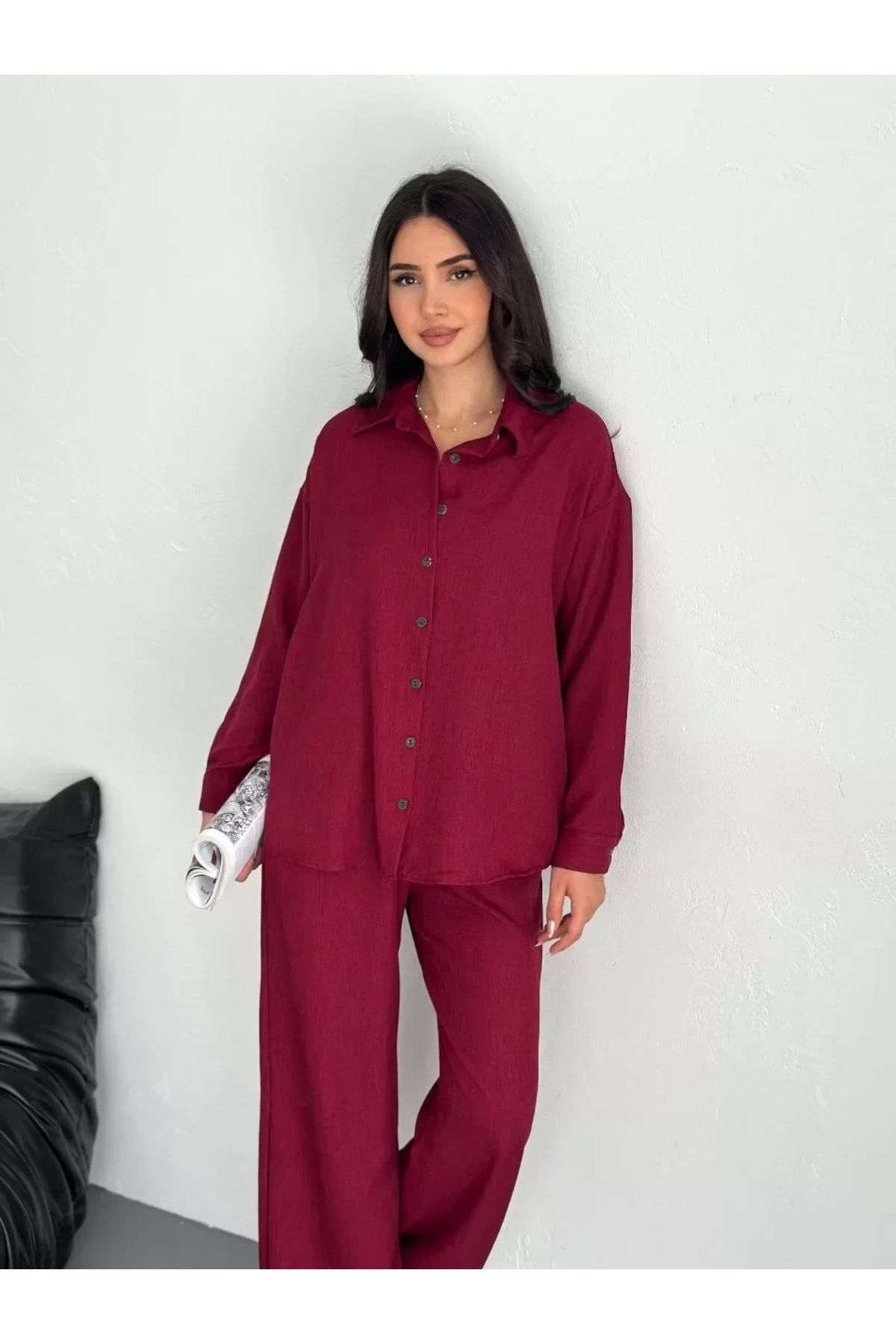 AE Stil Gömlek Pantolon ikili Takım - Bordo