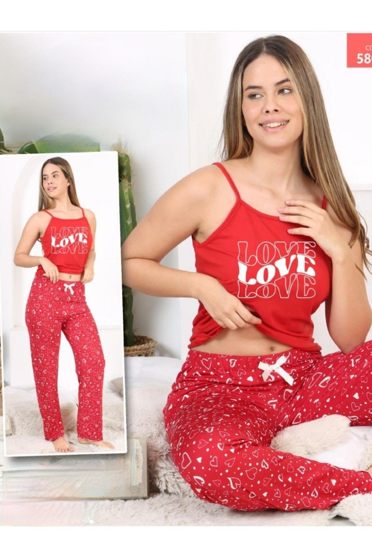 Modamorfo Kalp Desenli İp Askılı Pijama Takımı -Kırmızı