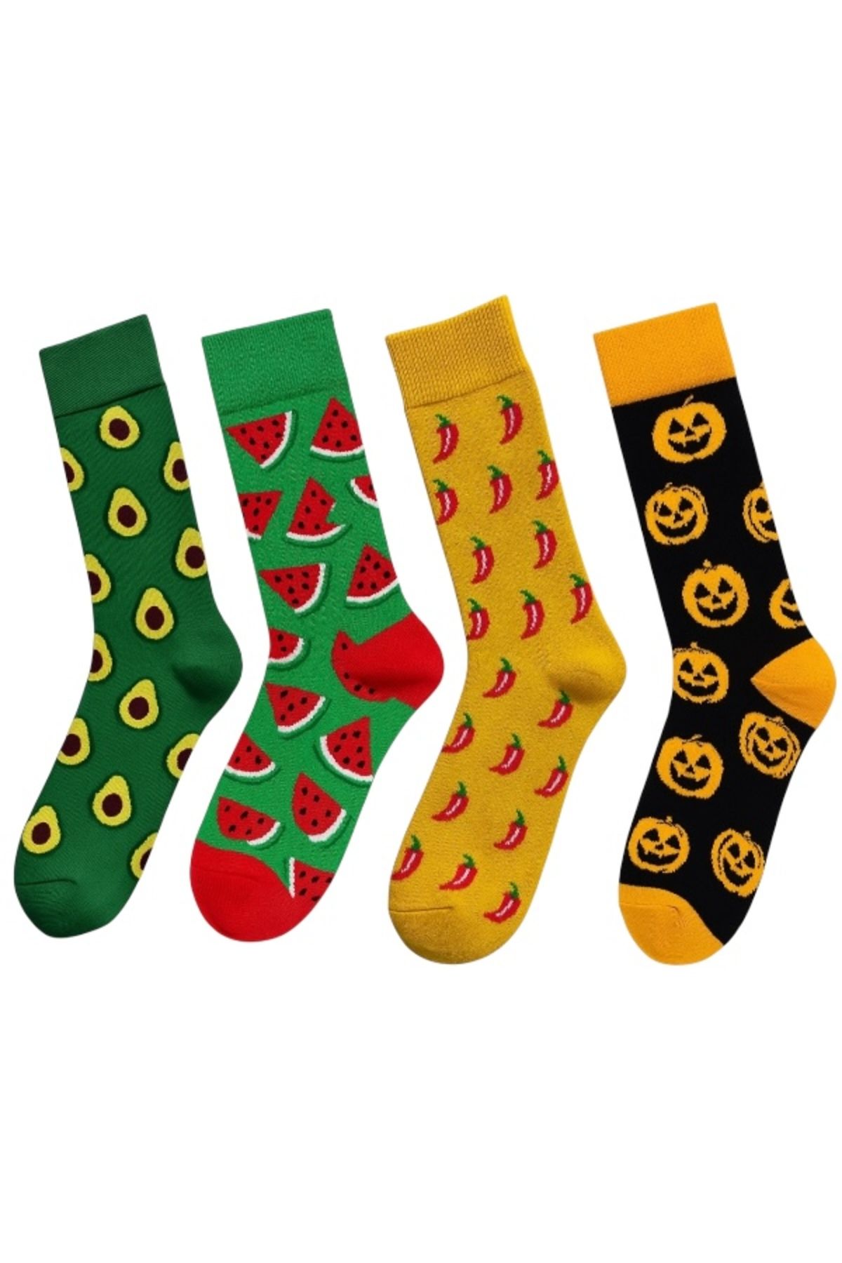 Goma Goma Socks Desenli Figürlü 4 lü Renkli Eğlenceli Unisex Çorap Seti Avokado Karpuz Biber Balkabağı Temalı Kombin