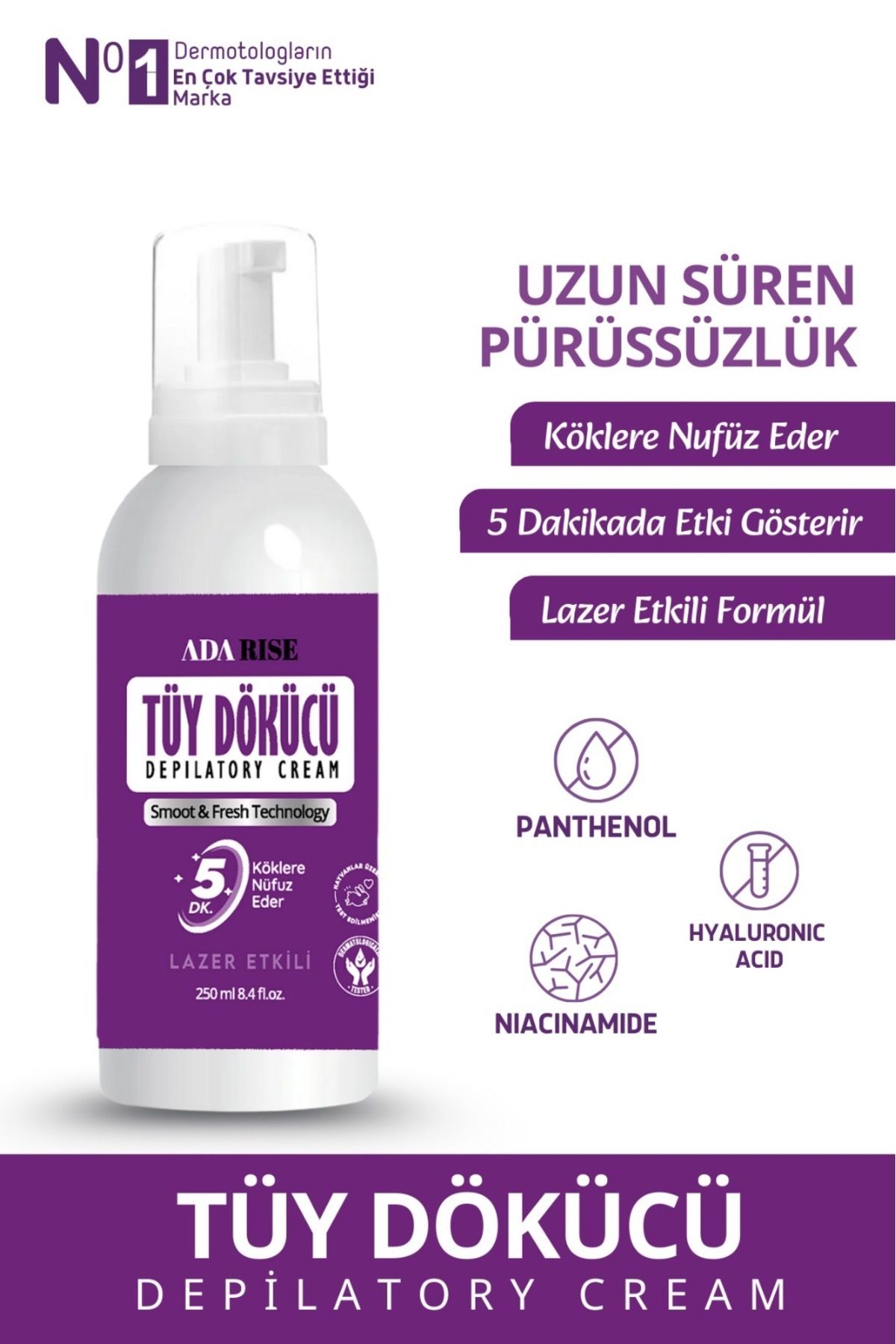The AdaRise Lazer Etkili Tüy Dökücü Ve Tüy Azaltıcı Epilasyon Krem Tüm Cilt Tipleri Için (ÖZEL FORMÜL) 250 Ml