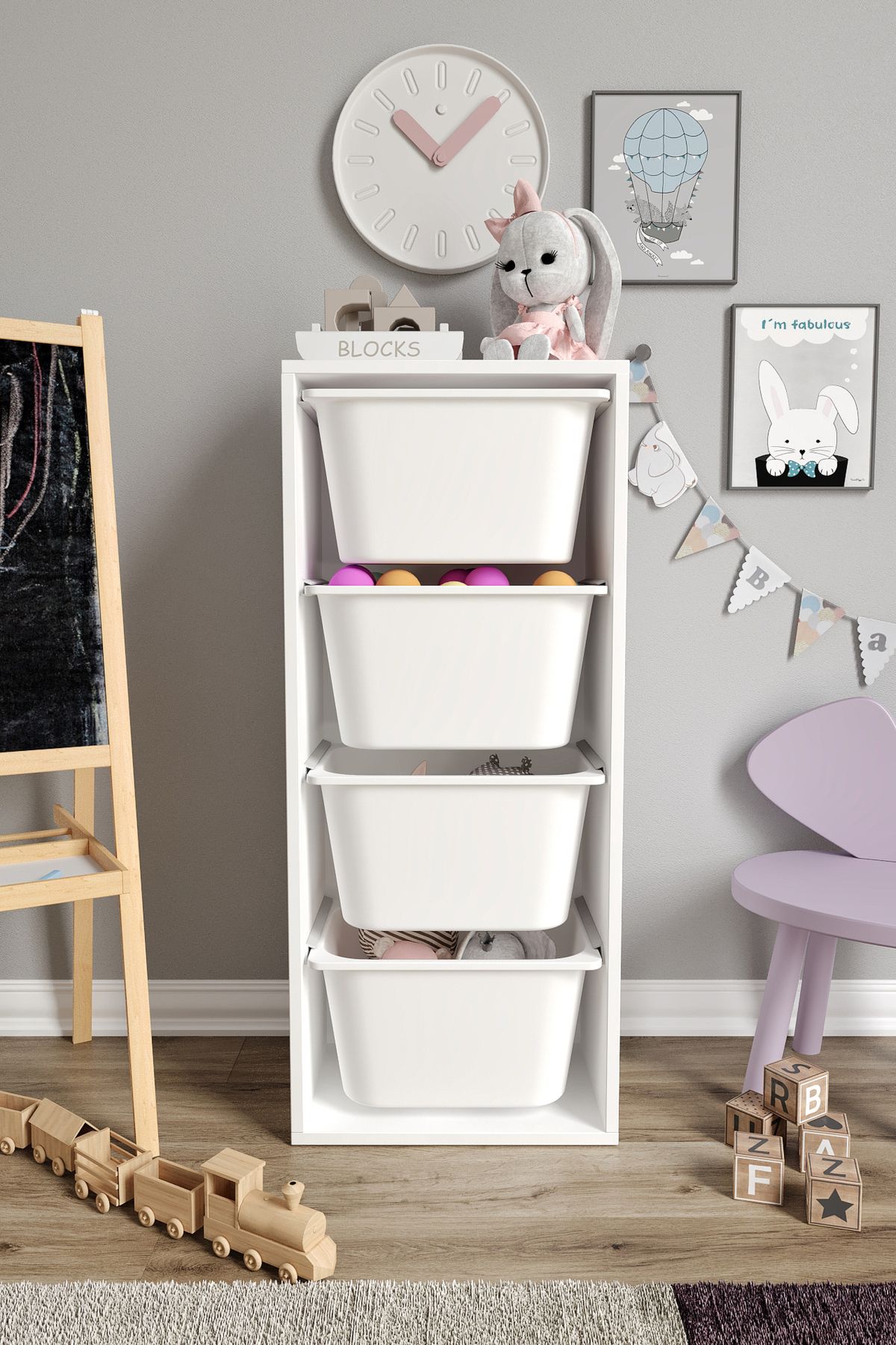 %100 MDF - Large Mono 4 Büyük Sepetli Oyuncak Dolabı