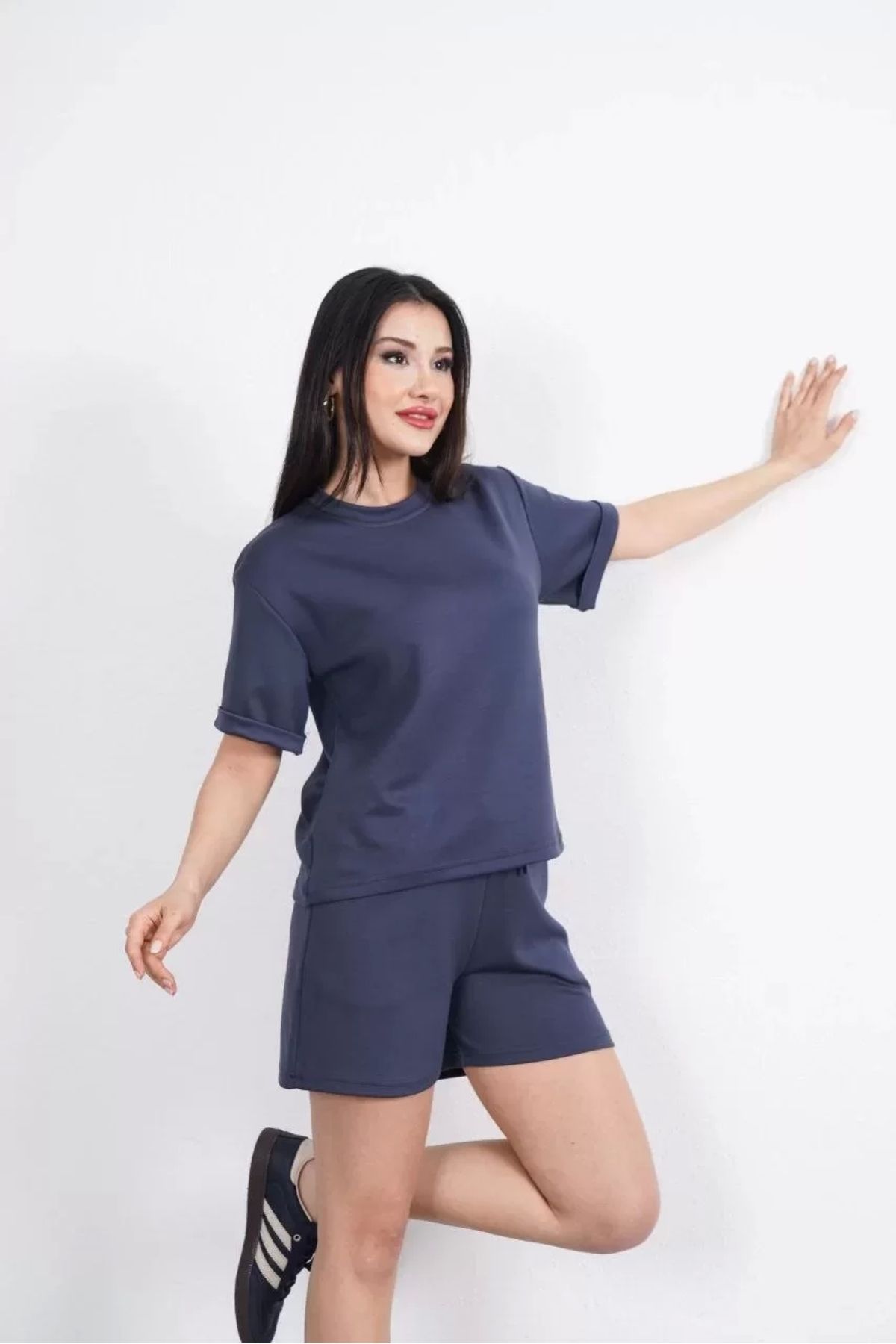 AE Stil Osy Modal yumuşak dokulu Kumaş Kadın Bisiklet Yaka T-shirt Kısa Şort İkili Takım - Antrasit