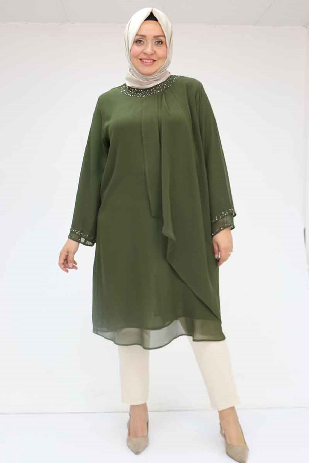 Eslina 58015 Büyük Beden Yakası Taş Detaylı Şifon Tunik - Haki