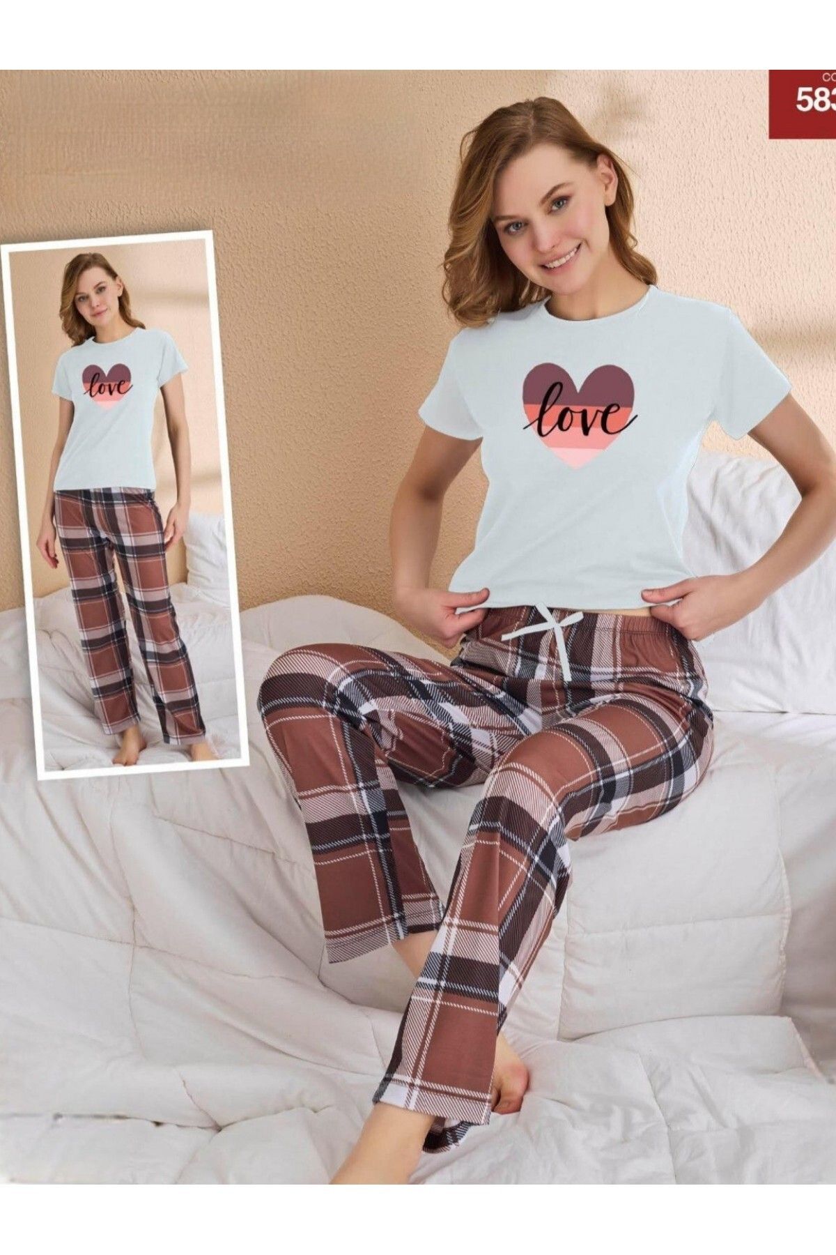 Modamorfo Kareli Kısa Kollu Pijama Takımı -Su Yeşili