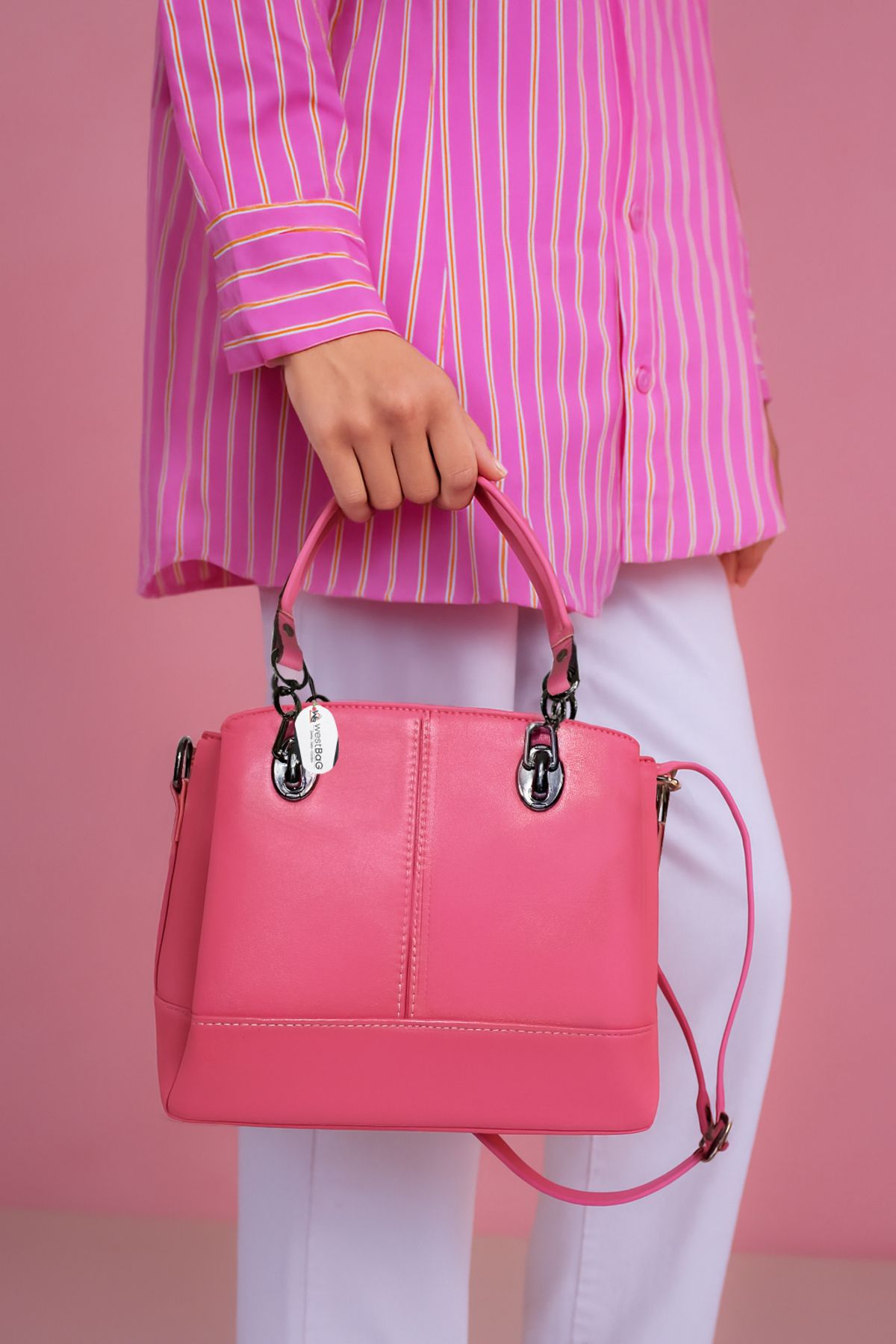 westbag Kadın Pembe Hakiki Deri El Ve Omuz Çantası Zincir Detaylı