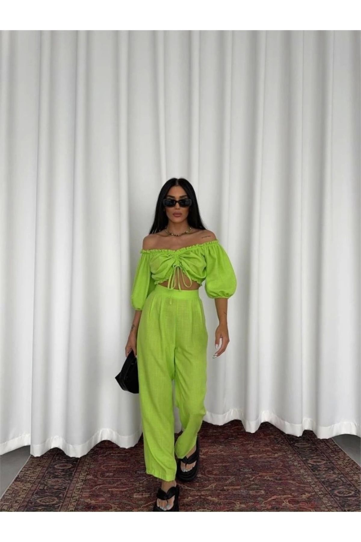 Kaplan KETEN CROP BLUZ BÜZGÜ YAKA + PANTOLON TAKIM - Yeşil