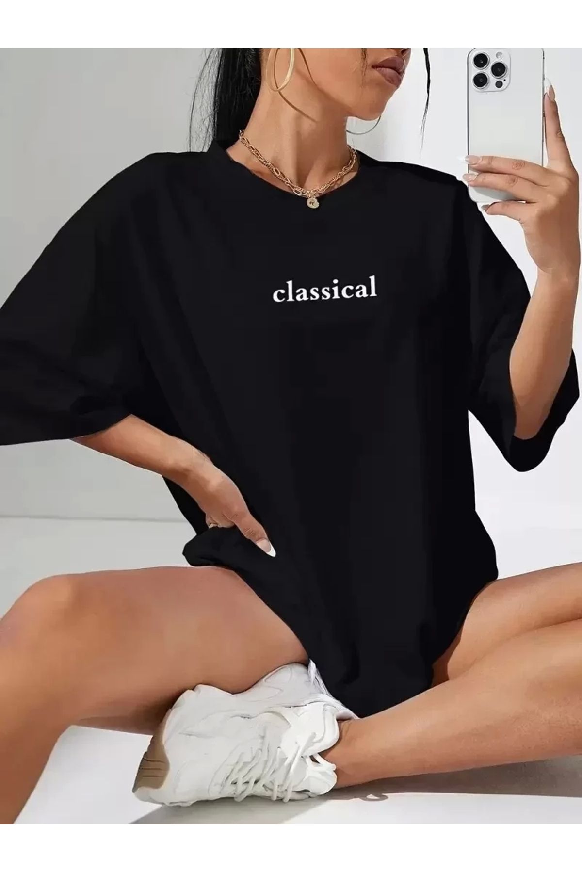 AE Stil 20/1 Penye Compack Classical Baskılı Siyah Oversize Tişort - Siyah