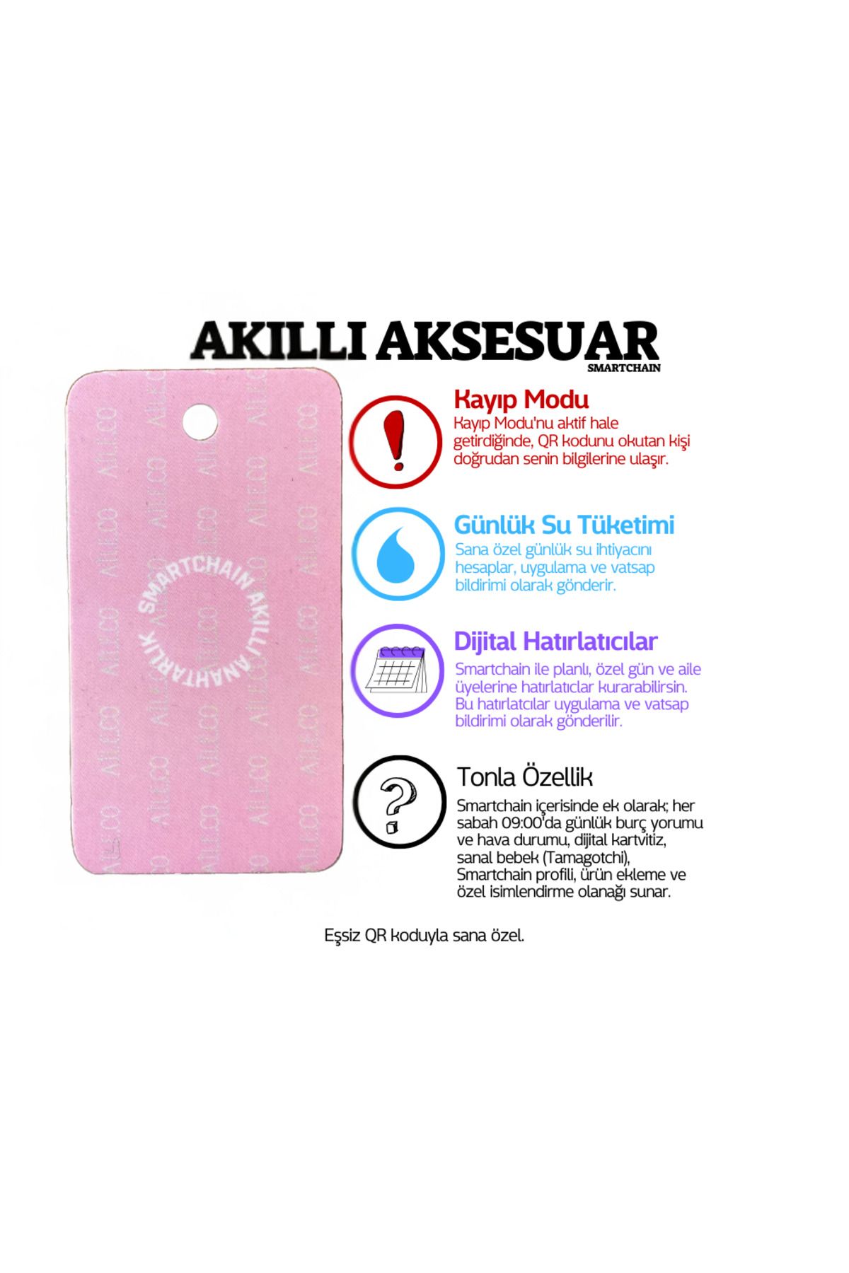 AileCo Smartchain Akıllı Anahtarlık Akesuar Pembe Kaybolmaz Dijital Hatırlatıcı Kartvizit Kişiye Özel