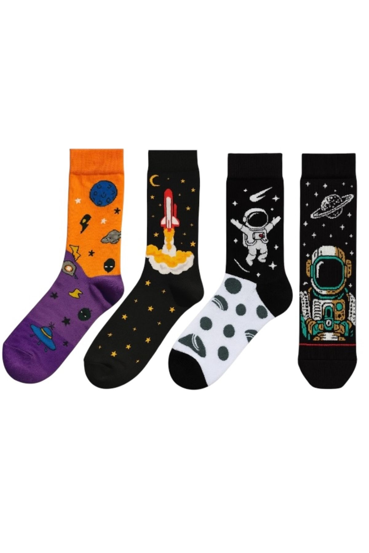 Goma Goma Socks Uzay Temalı Figürlü 4 lü Renkli Eğlenceli Unisex Çorap Seti Astronot Roket Gezegen Desenli Kombin