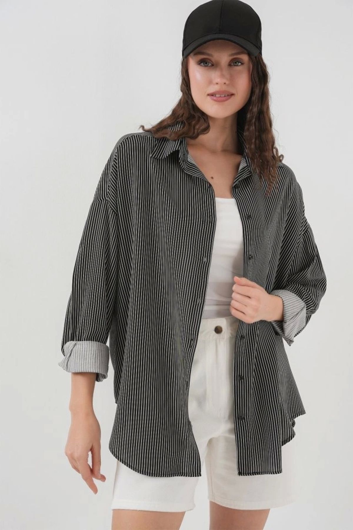 Kaplan Çizgili Oversize Gömlek 20295 - Siyah
