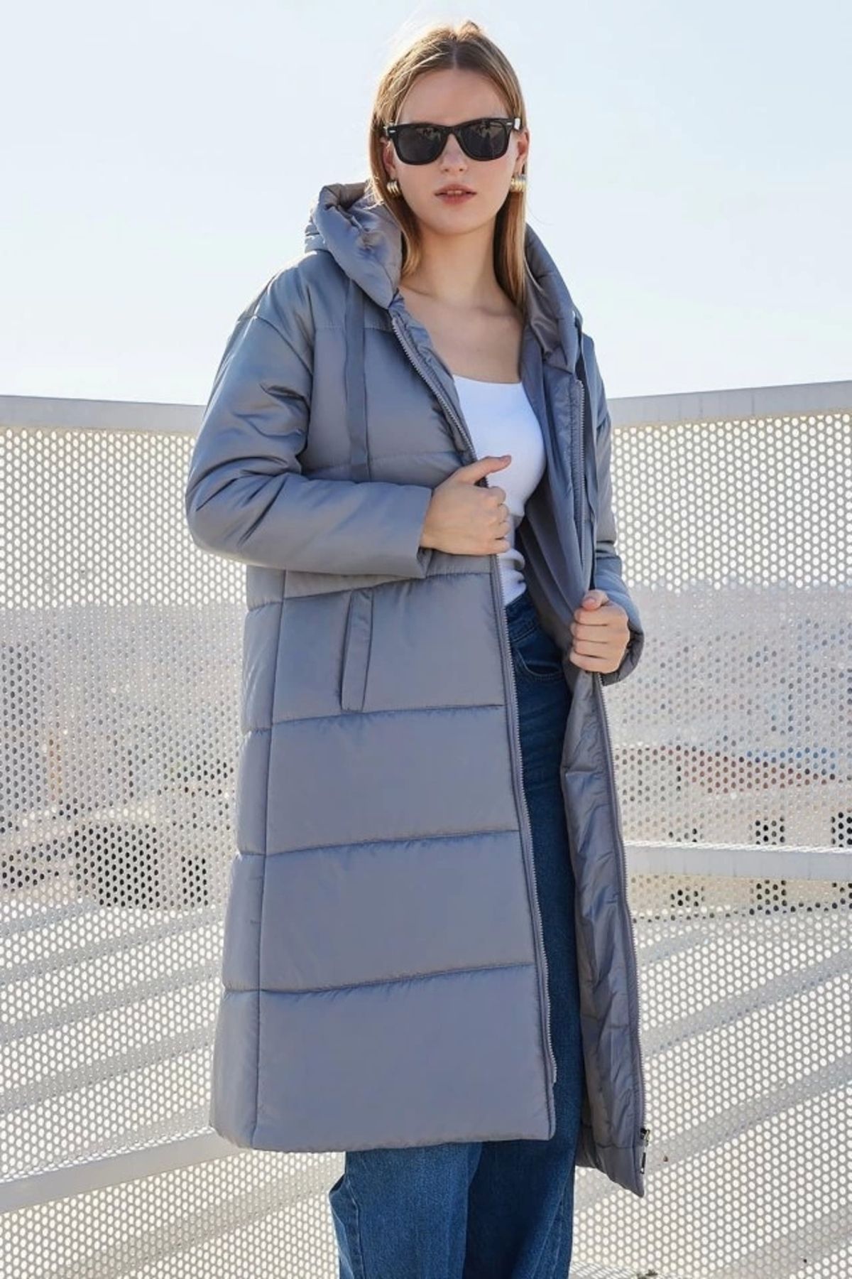 Kaplan 5120 Kapşonlu Uzun Şişme Mont - Gri