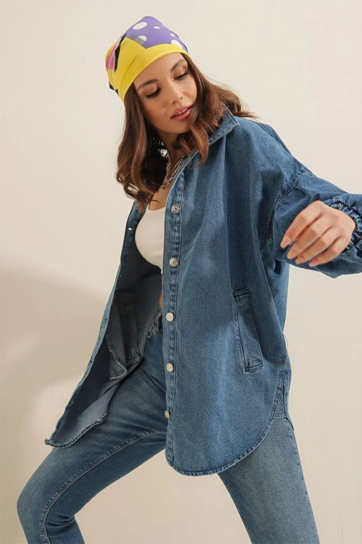 Kaplan 0662 Denim Balon Kollu Kot Ceket - Mavi