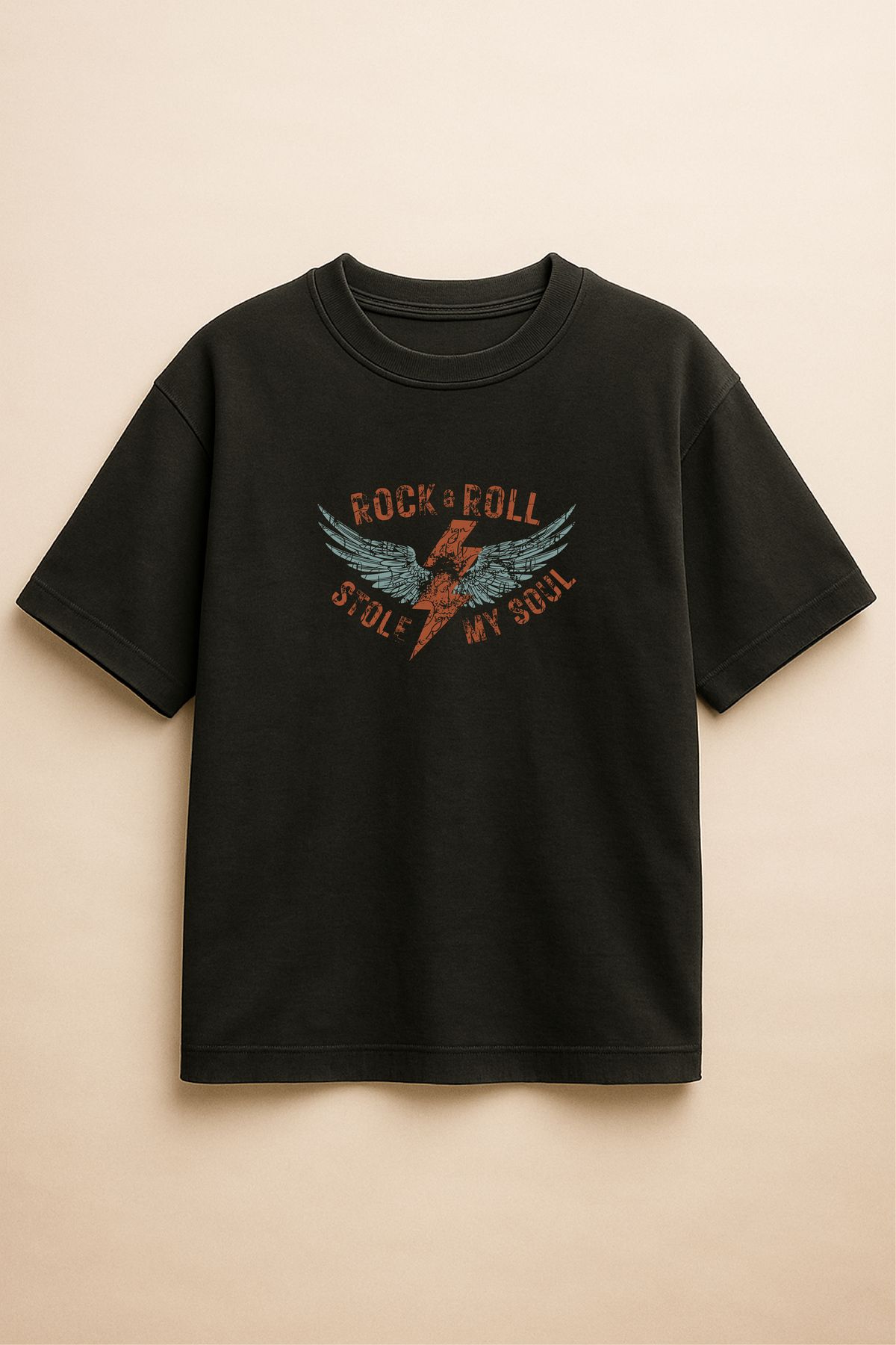 Altair Tr Siyah Renk Oversize Rock and Roll Baskılı Unisex Tişört T-Shirt