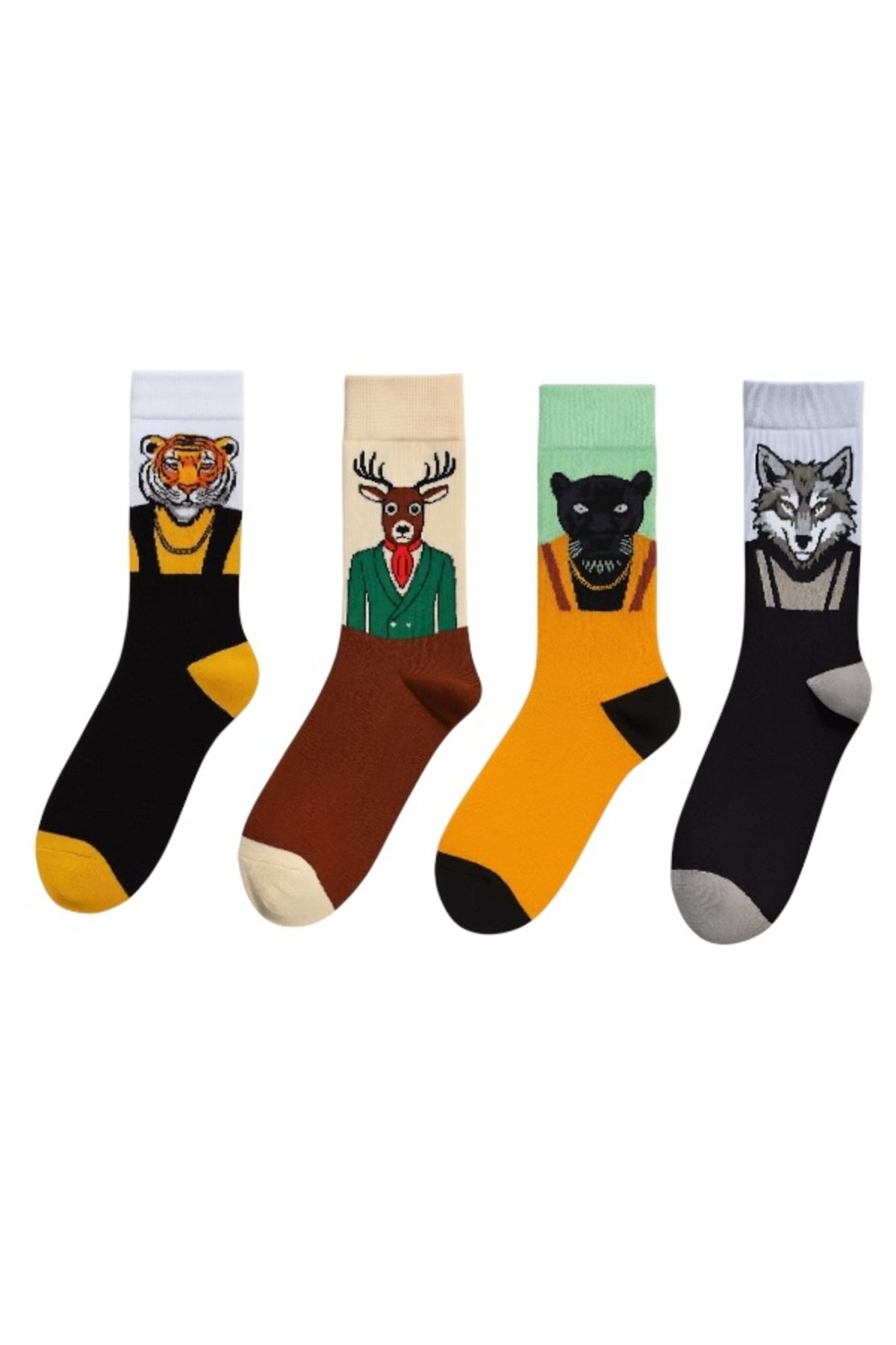 Goma Goma Socks Kostümlü Karakterli 4 lü Renkli Eğlenceli Unisex Çorap Seti Kaplan Geyik Panter Kurt Çorap Kombini