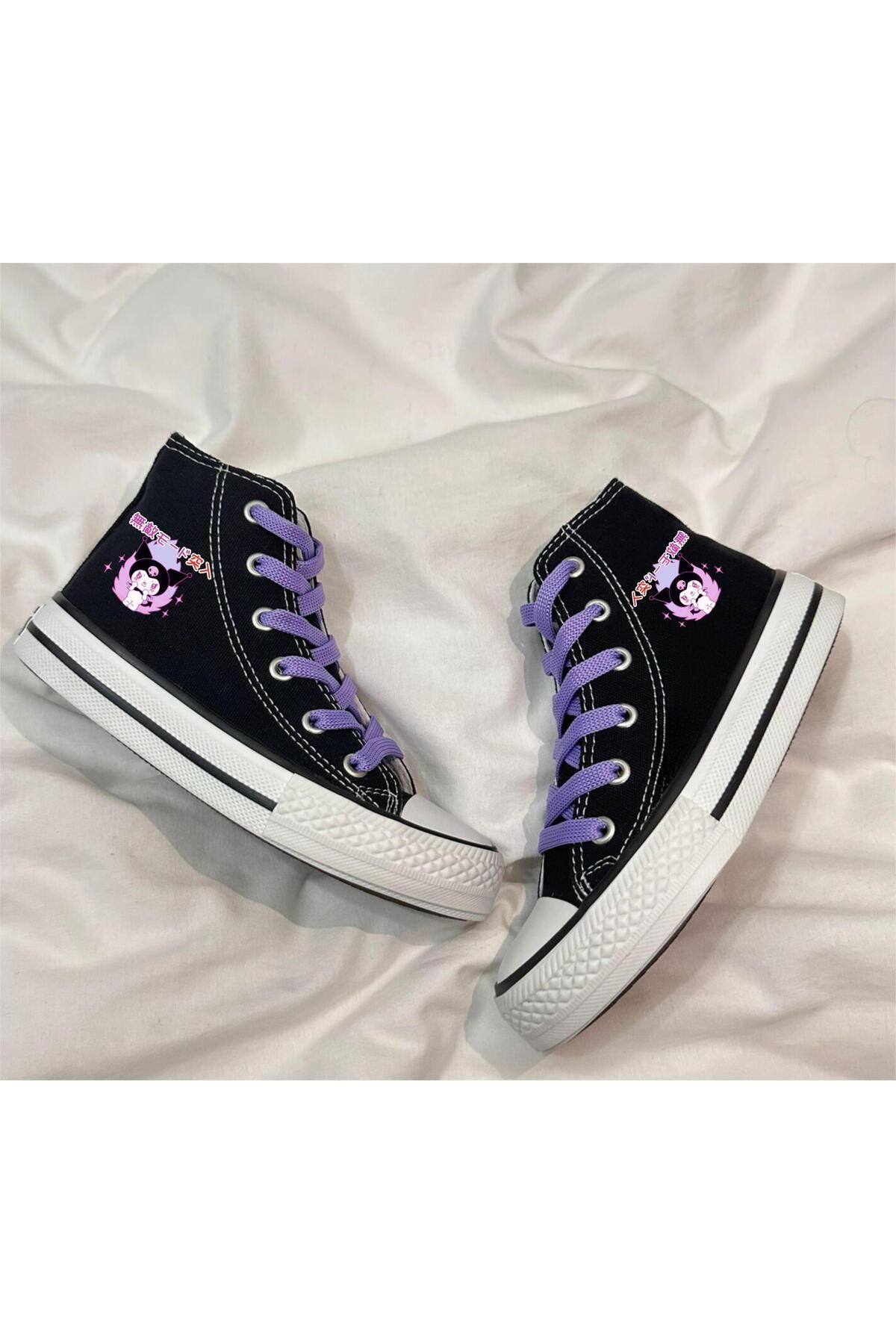 LEVENT ÖZCAN Çince Kuromi Baskılı, Lila Bağcıklı, Siyah Bilekli Spor Ayakkabı, Çocuk Sneaker