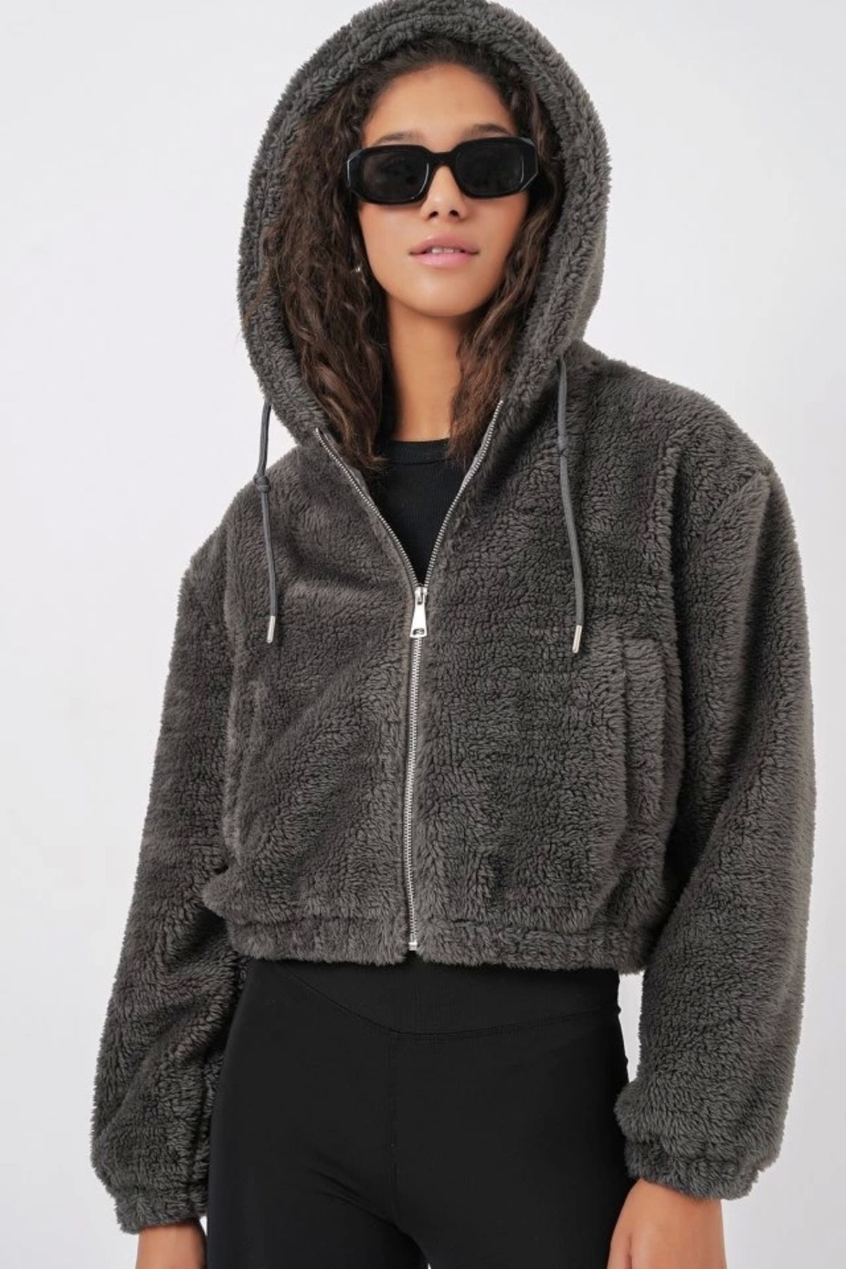 Kaplan 5193 Kapüşonlu Peluş Crop Ceket - Antrasit