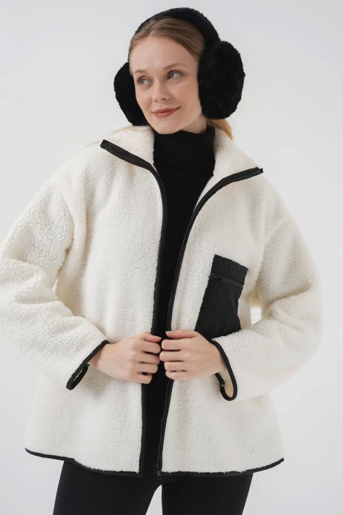 Kaplan 55446 Fermuarlı Oversize Peluş Ceket Mont - D. Siyah
