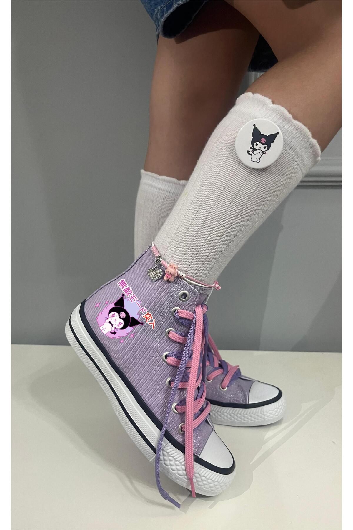 LEVENT ÖZCAN Çince Kuromi Baskılı, Lila&Pembe Bağcıklı, Lila Bilekli Spor Ayakkabı, Çocuk Sneaker