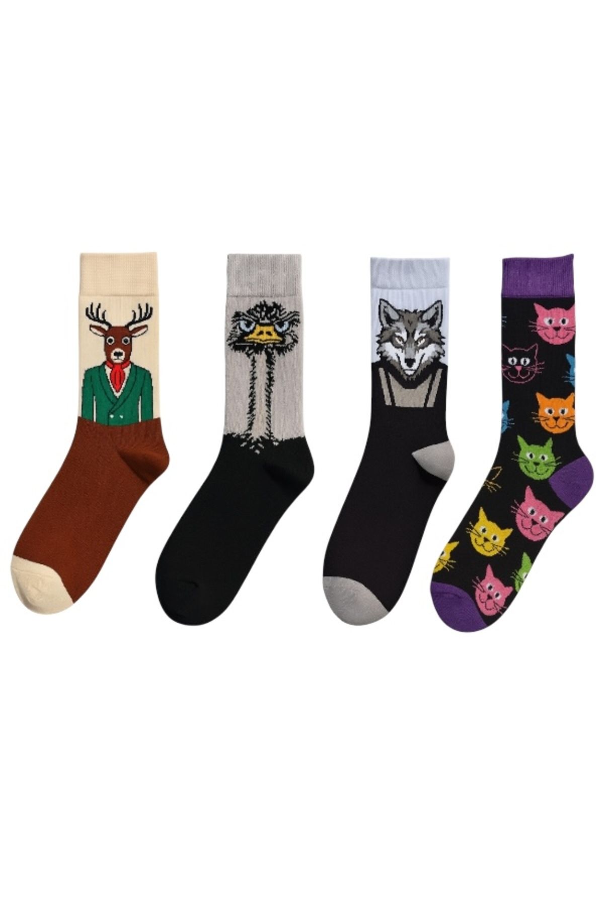 Goma Goma Socks Karakterli Renkli Figürlü 4 lü Eğlenceli Unisex Çorap Seti Geyik Devekuşu Kurt Kedi Çorap Kombini